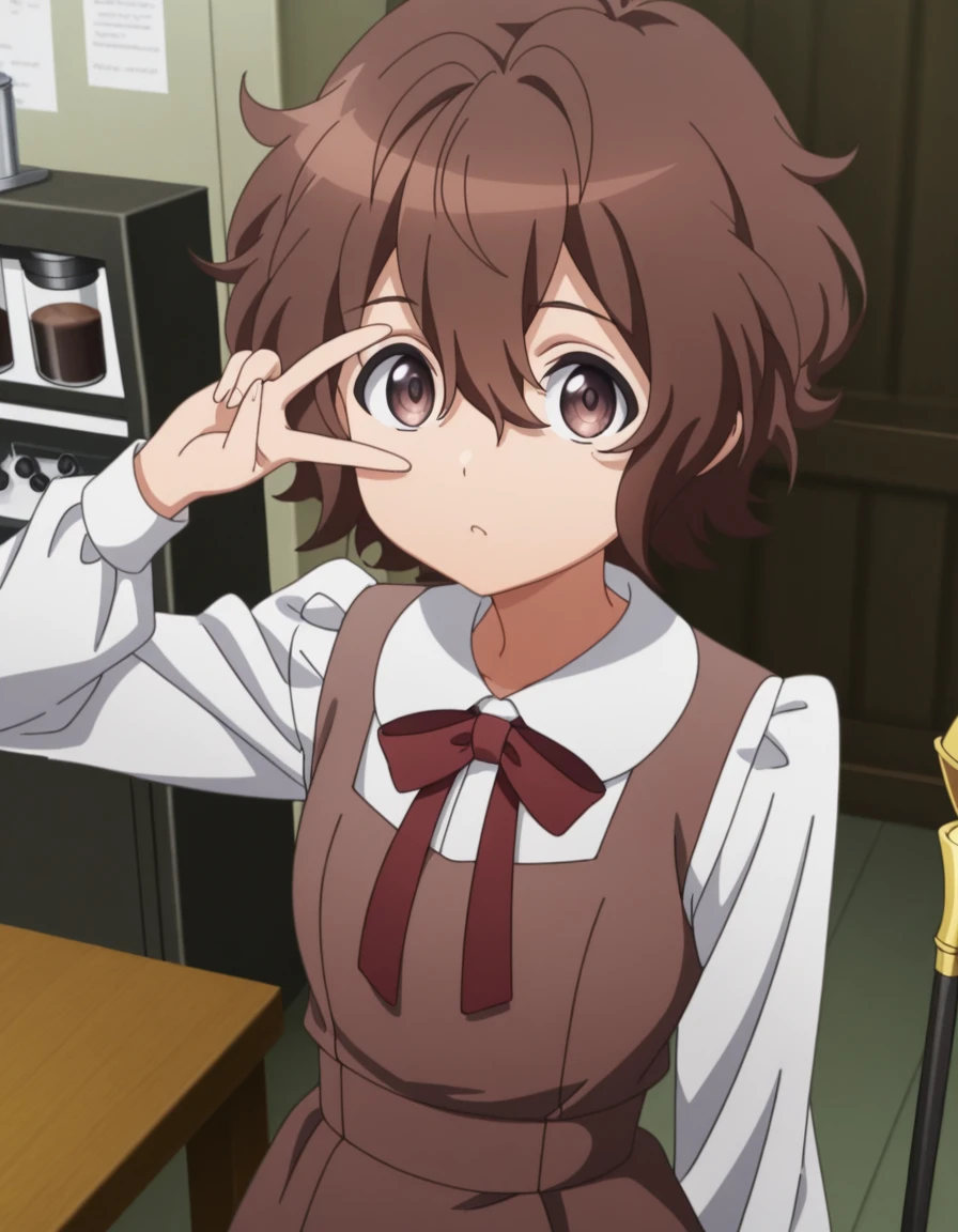 masterpiece, best quality, amazing quality,, <lora:spyroom-sara-s2-illustriousxl-lora-nochekaiser:1>, sara, short hair, bangs, brown hair, brown eyes, hair between eyes, anime screencap, shirt, long sleeves, dress, bow, white shirt, collared shirt, red bow, neck ribbon, brown dress, v, v over eyes,, staff room, table, chairs, coffee_machine, relaxation, cowboy shot, solo, looking at viewer,