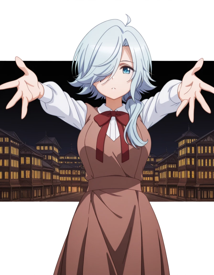 masterpiece, best quality, amazing quality,, <lora:spyroom-monika-s2-illustriousxl-lora-nochekaiser:1>, monika, long hair, blue eyes, ahoge, hair over one eye, hair over shoulder, white hair, blue hair, mature female, medium breasts, anime screencap, shirt, long sleeves, dress, bow, white shirt, collared shirt, red bow, neck ribbon, brown dress, on back, arm support, arms up, incoming hug, pov, reaching, reaching towards viewer,, Buildings, architecture, man_made, urban, interior, cowboy shot, solo, looking at viewer, <lora:transparent-background-illustriousxl-lora-nochekaiser:1>, transparent background, simple background, white background