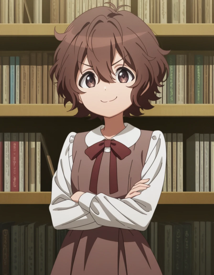 masterpiece, best quality, amazing quality,, <lora:spyroom-sara-s2-illustriousxl-lora-nochekaiser:1>, sara, short hair, bangs, brown hair, brown eyes, hair between eyes, anime screencap, shirt, long sleeves, dress, bow, white shirt, collared shirt, red bow, neck ribbon, brown dress, crossed arms, smug, bookstore, browsing shelves, new book smell, finding a favorite, quiet atmosphere, cowboy shot, solo, looking at viewer,