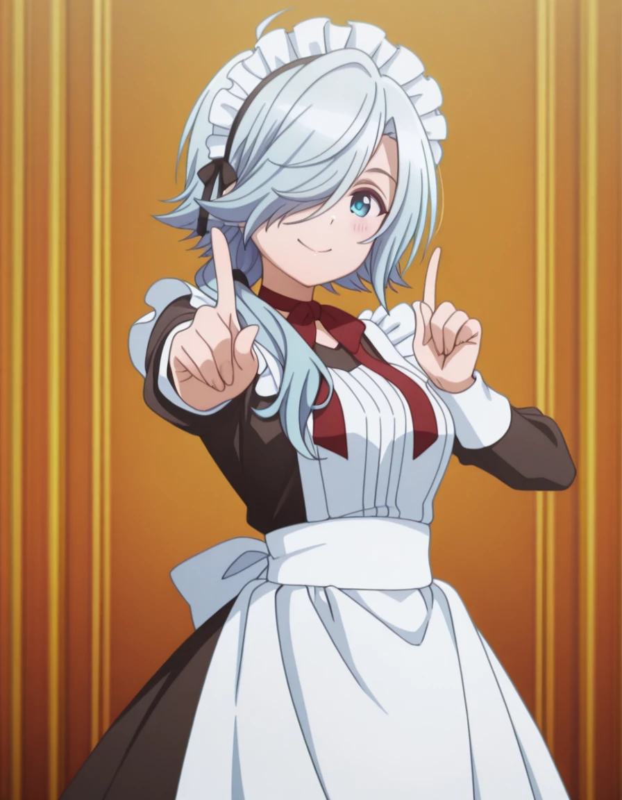 masterpiece, best quality, amazing quality,, <lora:spyroom-monika-s2-illustriousxl-lora-nochekaiser:1>, monika, long hair, blue eyes, ahoge, hair over one eye, hair over shoulder, white hair, blue hair, mature female, medium breasts, anime screencap, <lora:victorian-illustriousxl-lora-nochekaiser:1>, victorian, maid headdress, frilled apron, long dress, ribbon choker, <lora:koi-dance-illustriousxl-lora-nochekaiser:1>, koi dance, index finger raised, dancing, outstretched arm, pointing at viewer, pointing, pointing up, smile, cowboy shot, blush,, ,