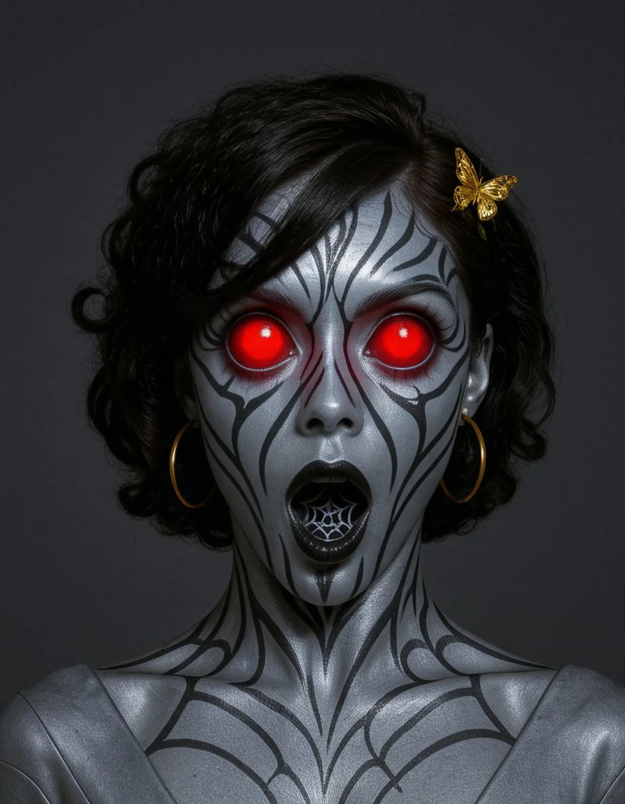 <lora:dmd2_sdxl_4step_lora_fp16:1>
grey background,
red eyes,
glowing eyes, (big eyes),
spider skin, zebra spots,
textured skin,
(black lipstick),
hoop golden earrings,
butterfly hair clips,
curly hair,
<lora:Ultra_Alien_Babe:1>ultraalienbabe, centered,