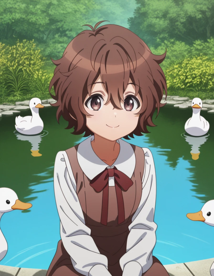 masterpiece, best quality, amazing quality,, <lora:spyroom-sara-s2-illustriousxl-lora-nochekaiser:1>, sara, short hair, bangs, brown hair, brown eyes, hair between eyes, anime screencap, shirt, long sleeves, dress, bow, white shirt, collared shirt, red bow, neck ribbon, brown dress, head rest, smile,, pond, still_water, plants, ducks, peaceful, cowboy shot, solo, looking at viewer,