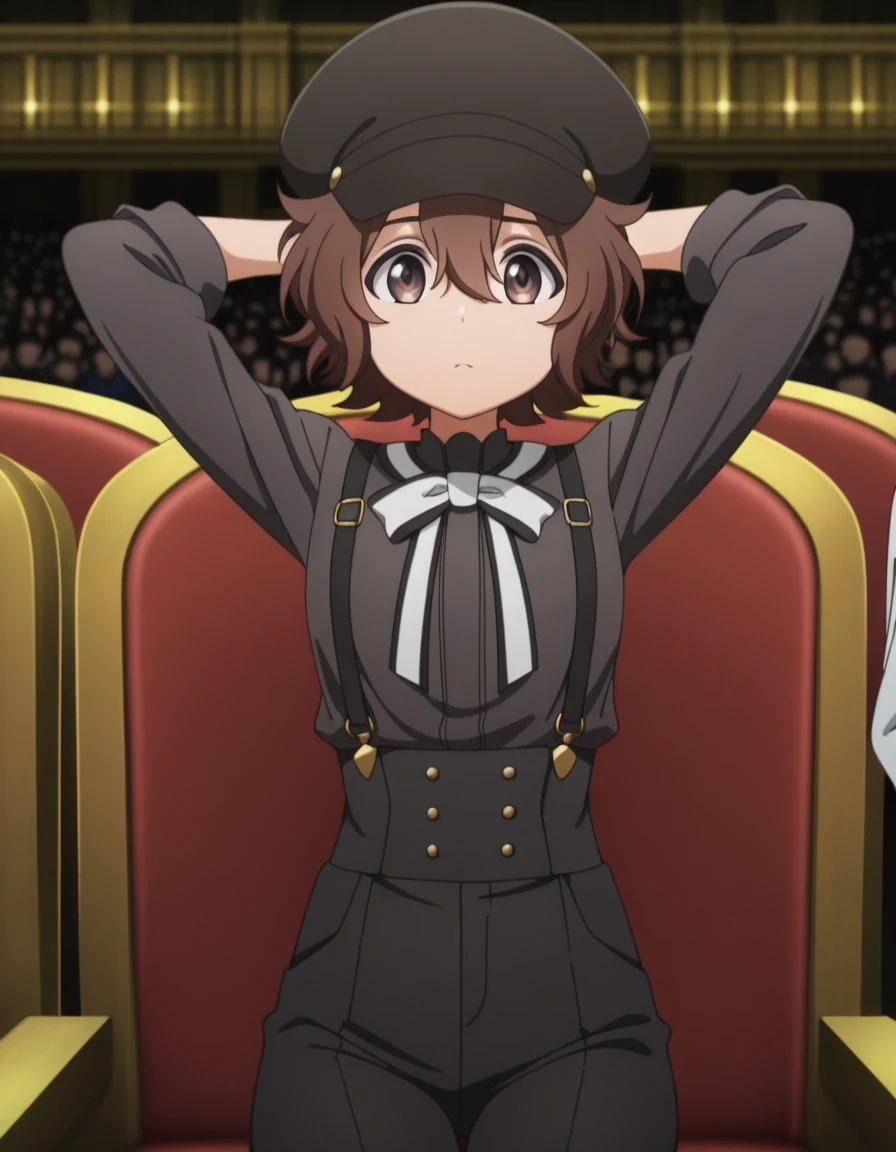 masterpiece, best quality, amazing quality,, <lora:spyroom-sara-s2-illustriousxl-lora-nochekaiser:1>, sara, short hair, bangs, brown hair, brown eyes, hair between eyes, anime screencap, shirt, hat, ribbon, suspenders, cabbie hat, black shirt, black hat, black pants, black suspenders, high-waist pants, hands behind head,, amphitheater, seats, outdoor, stage, large, cowboy shot, solo, looking at viewer,