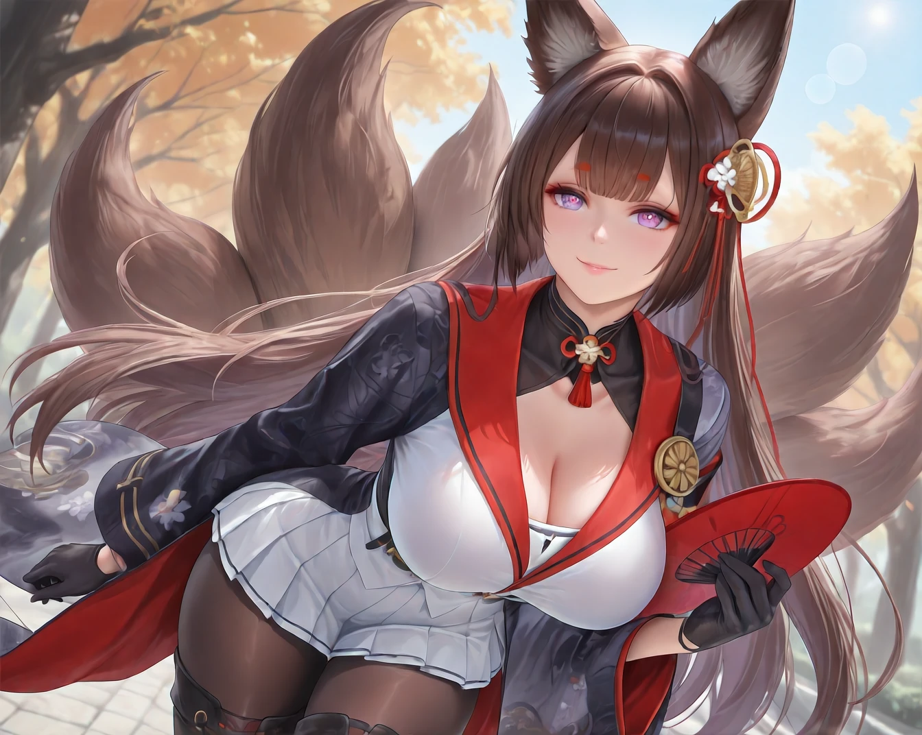 (masterpiece, best quality:1.2),illustration,8k,hd,absurdres,1girl,solo,cowboy shot,fusou (azur lane),animal ears,bangs,bell,black hair,black kimono,blue eyes,butterfly hair ornament,cat ears,cleavage,collarbone,eyebrows visible through hair,hair bow,hair ornament,japanese clothes,jingle bell,large breasts,long hair,low ponytail,obi,ribbon-trimmed clothes,ribbon trim,sash,side ponytail,swept bangs,tassel,white thighhighs,wide sleeves,zettai ryouiki,<lora:Fusou(azur)>,