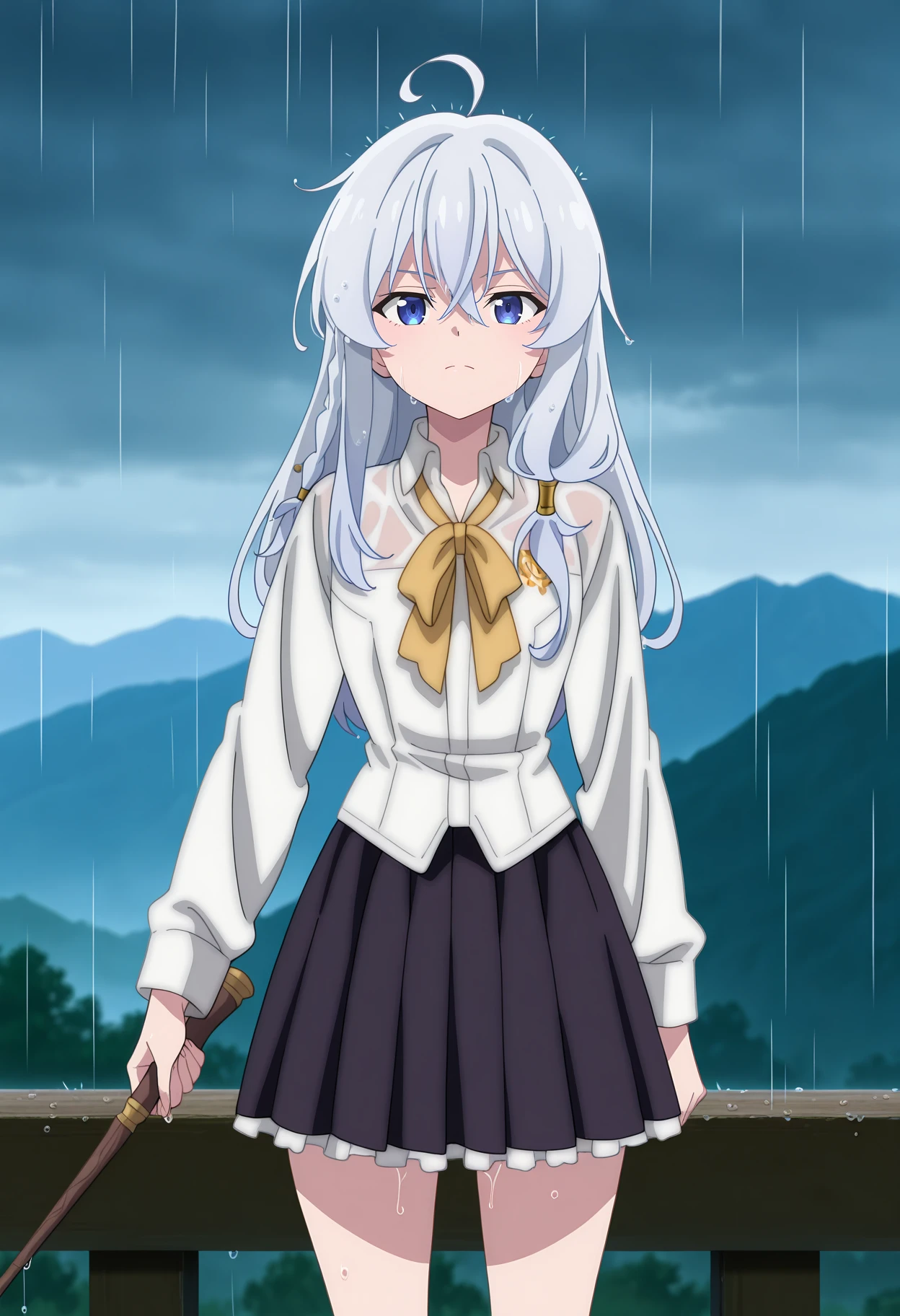 anime screencap, masterpiece, best quality,
<lora:MajoNoTabiTabi_Elaina_IlluXL:0.9>,
1girl, solo, closed mouth, serious, light frown,
ahoge, crossed bangs, side braid, long hair, grey hair, blue eyes, hair tubes,
collared shirt, white shirt, neck ribbon, yellow ribbon, long sleeves,
pleated skirt, frilled skirt, black skirt,
holding wand, wooden wand, outstretched arm, wet, wet hair,
standing, looking at viewer, cowboy shot, legs,
mountainous horizon, scenery, overcast, rain, blue sky, photo background, blurry background