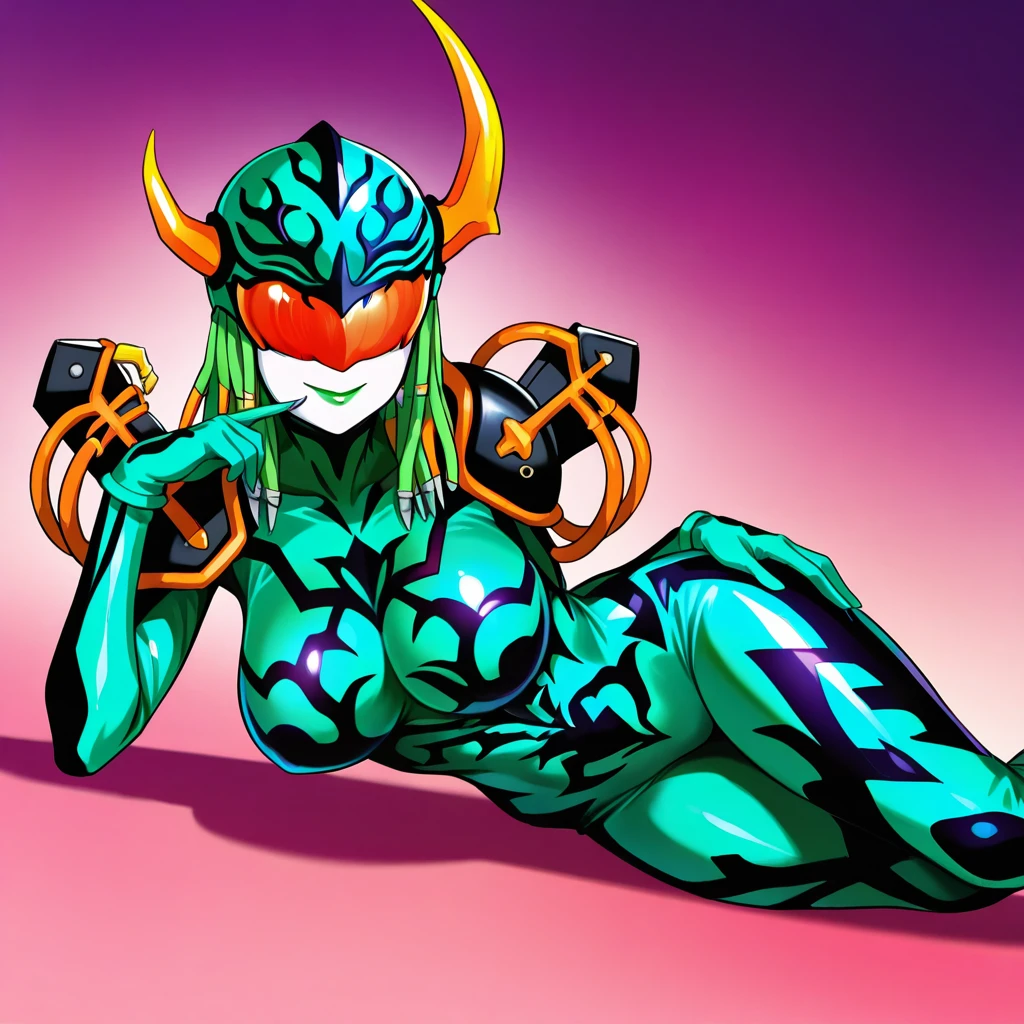Cartoon photo of woman in green and red costume, hot insect humanoid woman, Guyver style, SFW version, red eye, scarab reploid, bellows tail, cel shade adult animation, alien queen, serpentine pose, --auto --s2