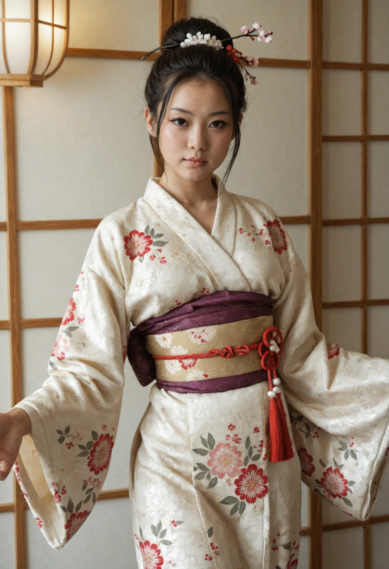 score_9, score_8_up, masterpiece, best quality, absurdres, amazing quality, ultra realistic, soft lighting, fair skin, (Japanese woman), beautiful face, straight black hair, traditional Japanese hairstyle, detailed skin texture, subtle makeup, kanzashi hair ornament, kimono, floral silk pattern, standing pose, serene expression, shallow depth of field, natural background, soft warm lighting, extremely detailed skin, natural skin texture