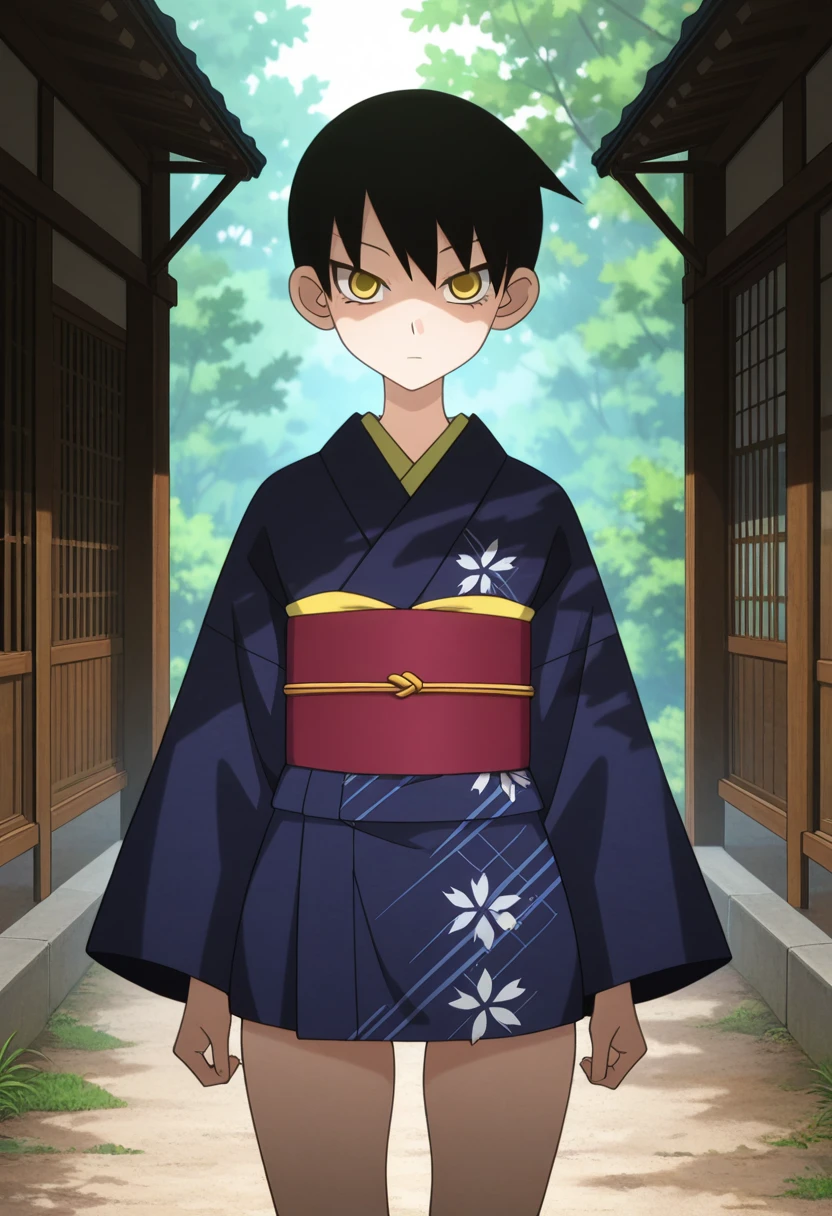 masterpiece, best quality, amazing quality, absurdres, 1girl, solo, cowboy shot, kumeta kouji \(style\), mayoww, yellow eyes, black hair, short hair, tsurime, empty eyes, japanese clothes, kimono, looking at viewer, expressionless, outdoors, day, sunlight, skindentation, detailed clothing folds, depth of field, sharp, <lora:Mitama_Mayo_Sayonara_Zetsubou_Sensei_ill:0.9>