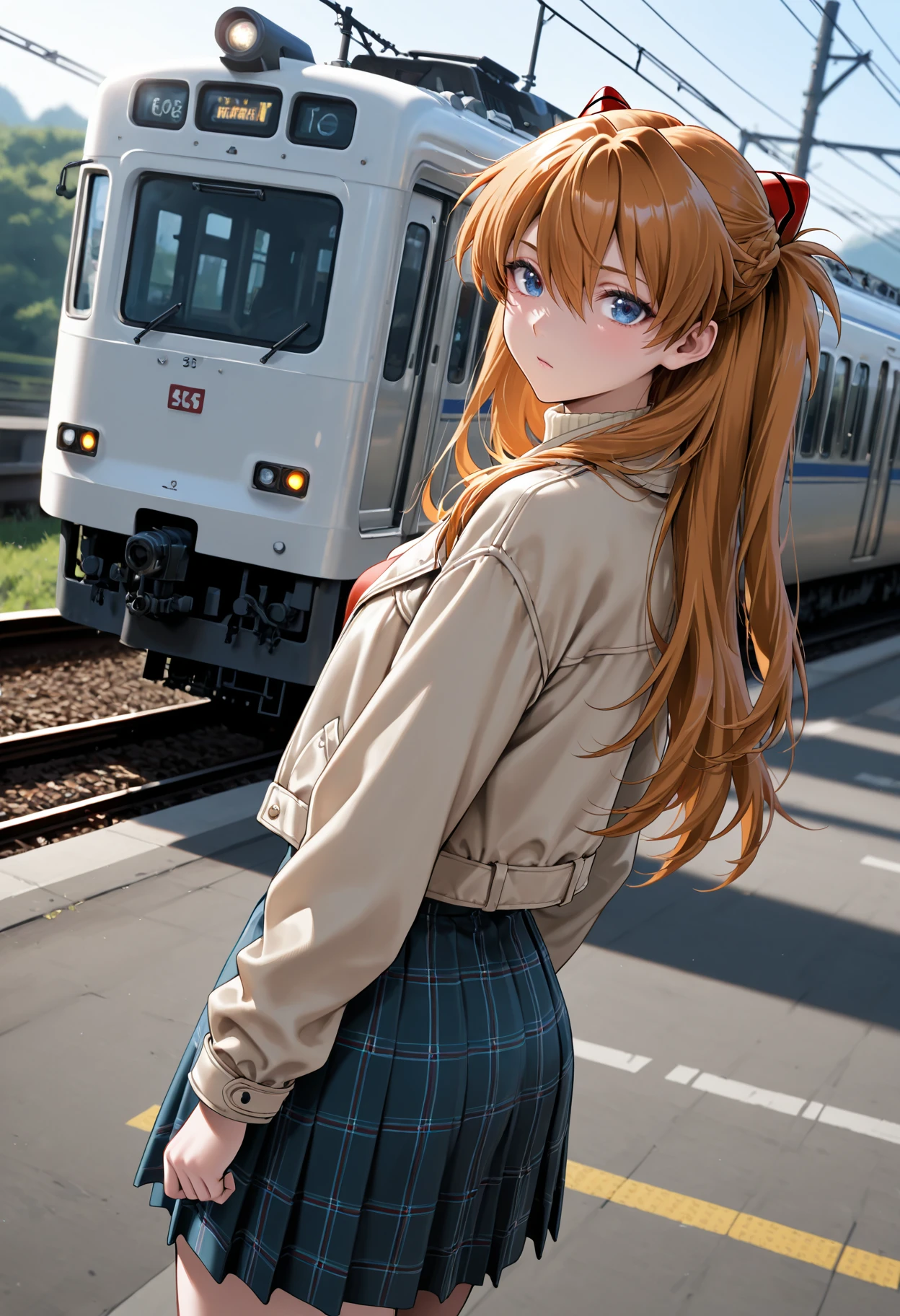 yoneyama mai:0.365,souryuu asuka langley,masterpiece,best quality,amazing quality,very aesthetic,absurdres,newest,extreme aesthetic,in the style of fashion photography,cinematic lighting,Visual impact,sharp focus,Emotionalization,depth of field,dutch angle,scenery,1girl,solo,looking at viewer,skirt,jacket,braid,outdoors,ground vehicle,motor vehicle,train,
(by elocca:0.85), (by wsfw:0.5), (by mashiro_yukiya:0.7),