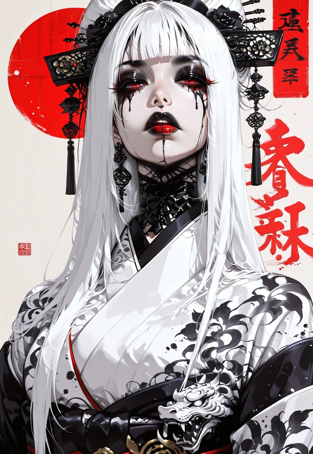 geisha, Japanese kimono, long white straight hair, goth, dark makeup, dynamic angle,