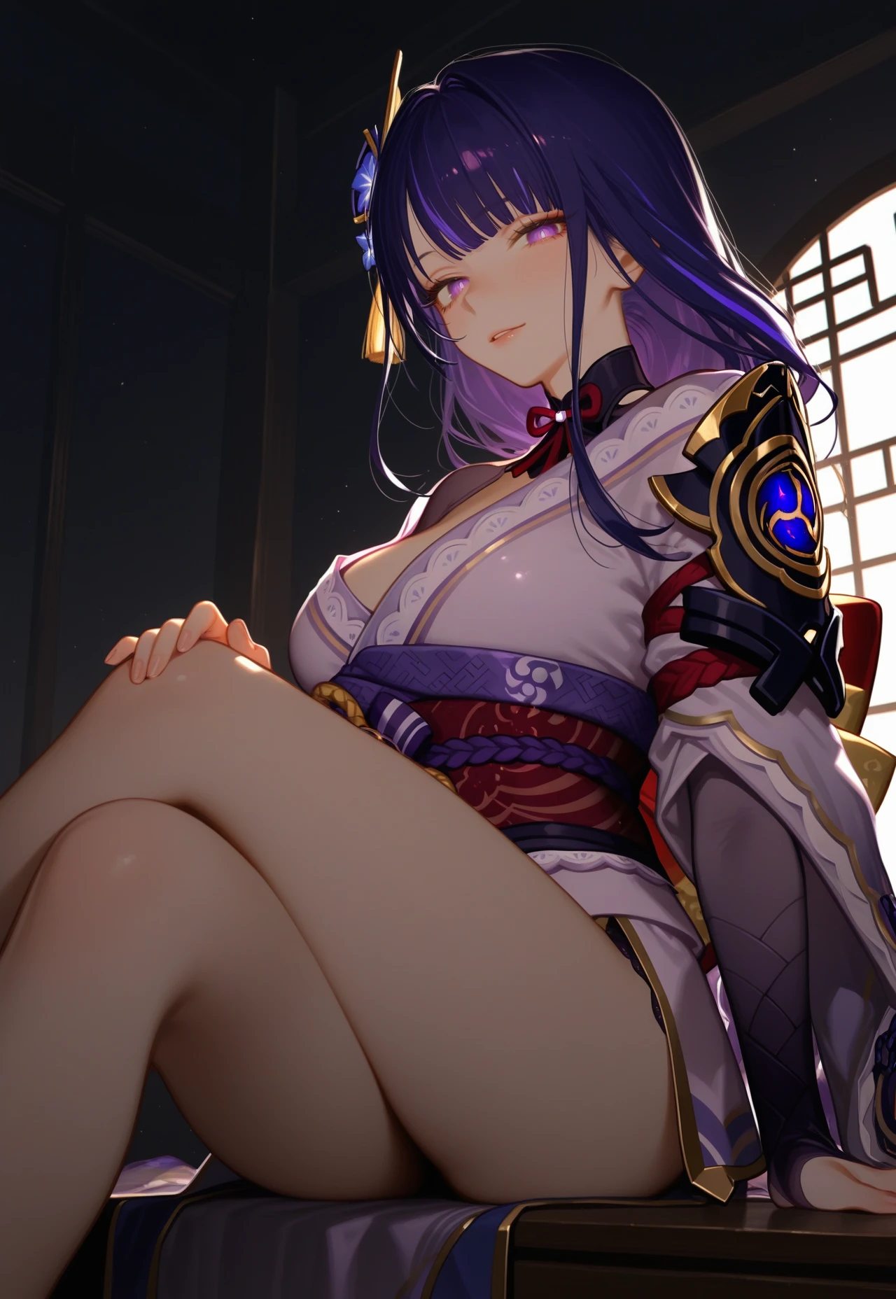 (rororogi mogera:0.5), (ebora:0.65), tianliang duohe fangdongye:0.25, very eyecatching,
volumetric illumination, dynamic composition,
1girl, hair ornament, raiden shogun, kimono, light smile, looking at viewer, closed mouth, parted lips, sitting, crossed legs, from side:0.2,
indoors, window, dark background,
very awa, masterpiece, best quality, very aesthetic, absurdres, 4k, stylized, newest, digital art, cinematic look,