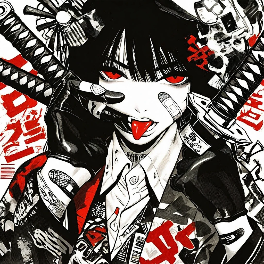 collared shirt, tongue, red eyes, bandaid, barcode, bangs, kimono, gloves, monochrome, sword