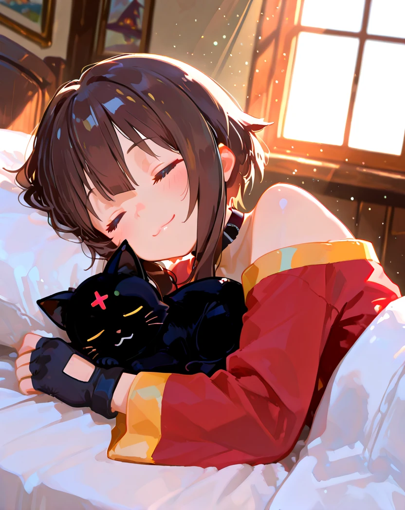 megumin, closed eyes, brown hair, short hair, long sidelocks, black choker, red dress, fingerless gloves, bedroom, in bed, sleeping, peacefully, (cat:1.3), cuddling with cat, relaxed, smile, black cat, chomusuke, window, light rays:1.2, light particles:1, detailed background, high resolution, amazing quality, best quality, good lighting, detailed eyes, very aesthetic, very awa, detailed