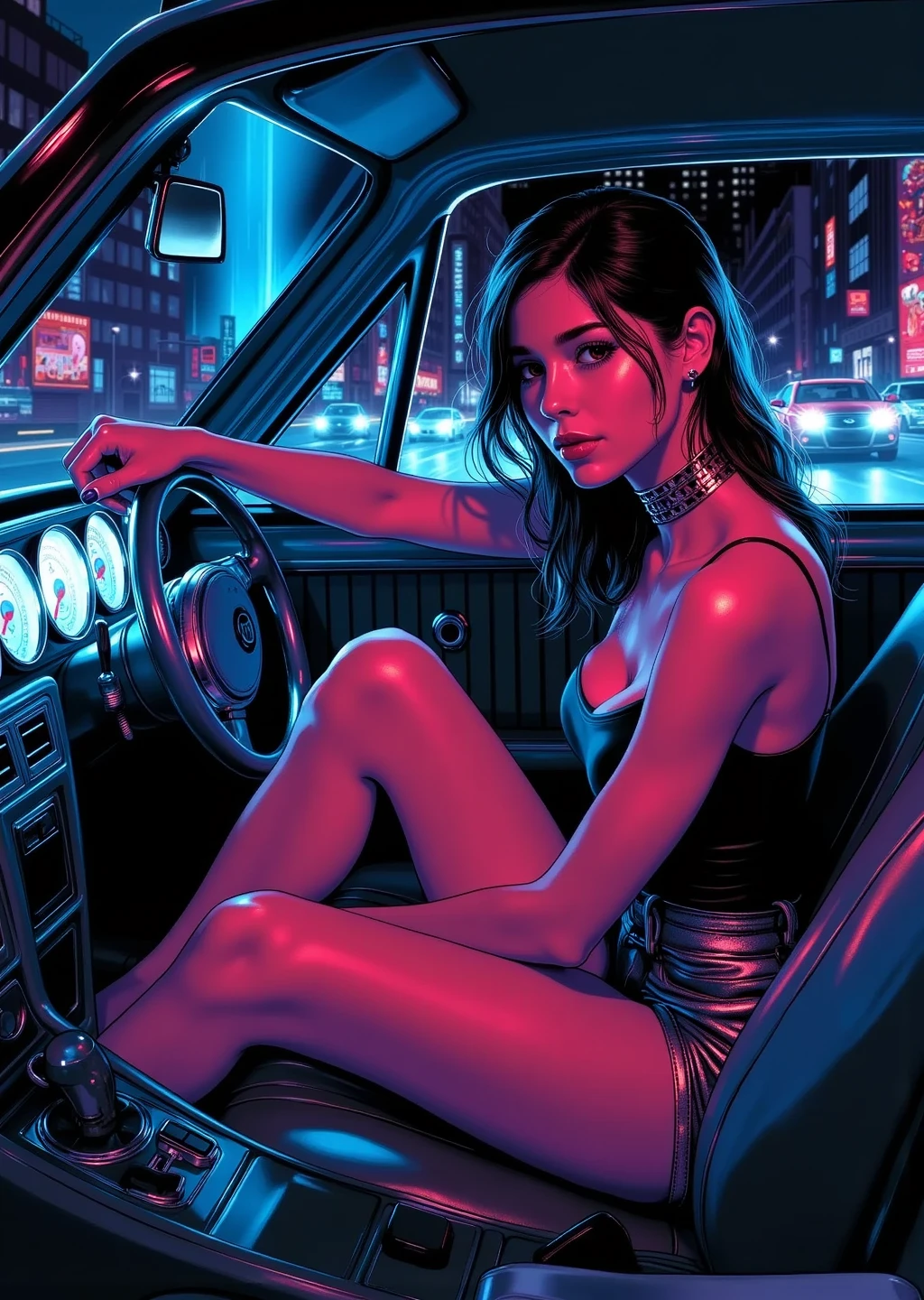 fluxlisimo_drawio,midnight cruising in cockpit view,beautiful Woman in cockpit of car,cyberpunk city at night,reflections,futuristic