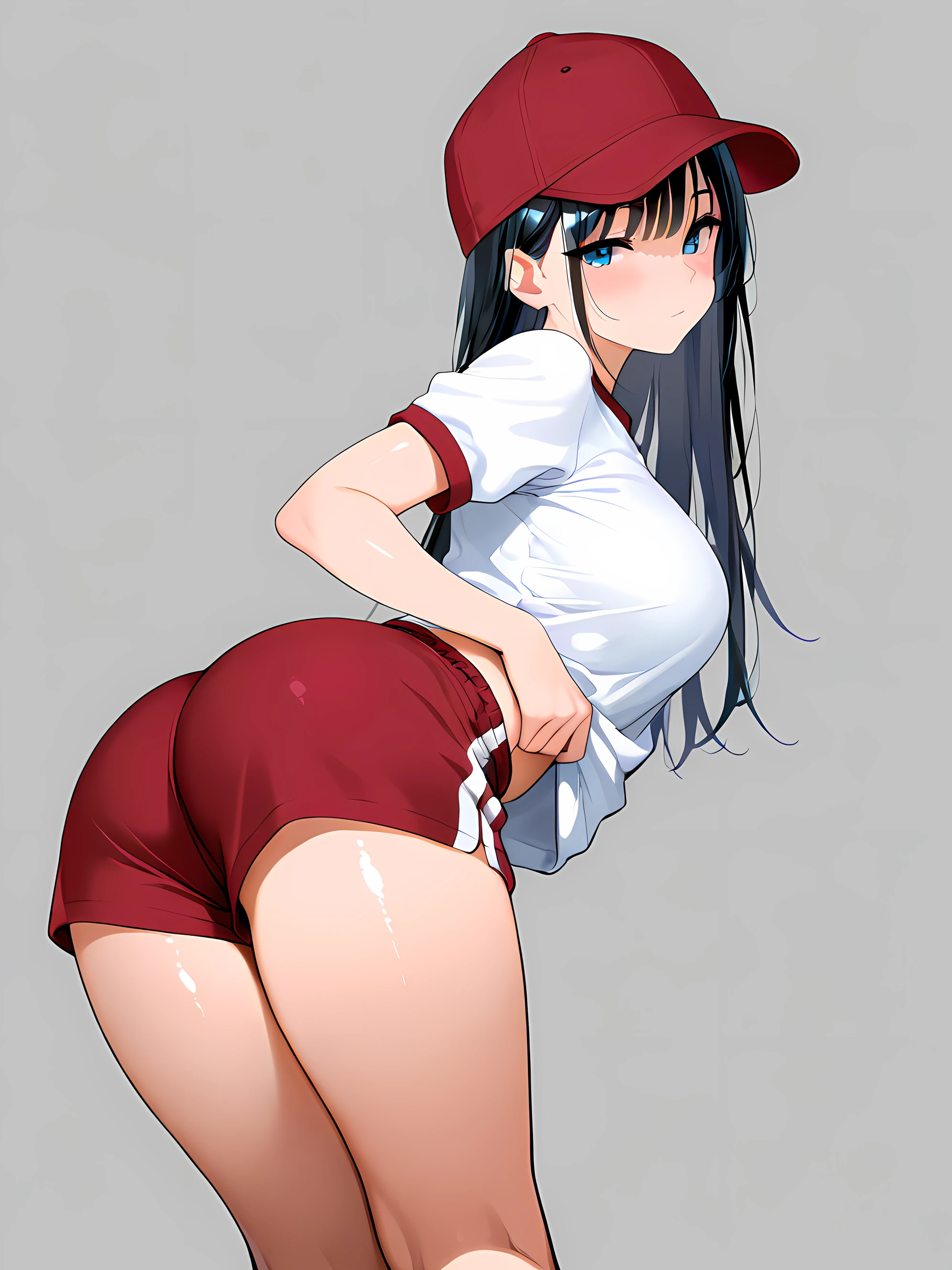 masterpiece,amazing quality,best quality,newest,absurdres,highres,CG,ultra-detailed face,real skin,shiny hair,expliti,simple background,<lora:taisoufuku_noobai_V1.0:0.7>jyojifuku,white shirt,short sleeves,shorts,gym uniform,baseball cap