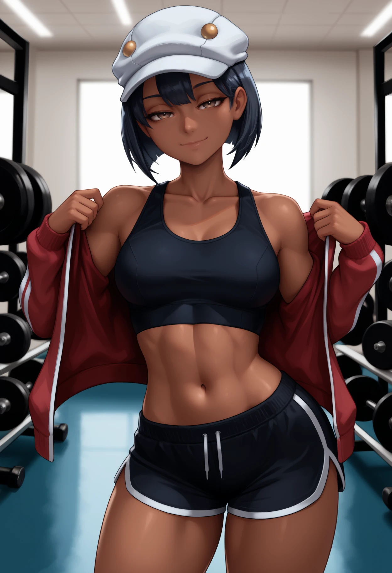 Cute Japanese high school girl with short cut black hair. She is biting her lips. She is sitting in the waiting room of a martial arts arena. After losing a match. She is reflecting on her loss. She is disappointed. Very sweaty, out of stamina, slender body, poor breasts, small breasted sports bra, high leg shorts, open finger gloves.