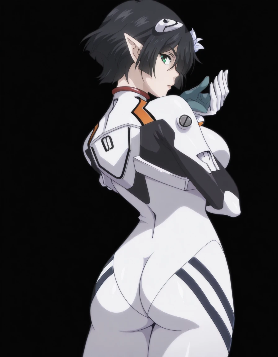 masterpiece, best quality, amazing quality,, <lora:tenken-amanda-s1-illustriousxl-lora-nochekaiser:1>, amanda, short hair, black hair, hair ornament, green eyes, pointy ears, elf, one eye covered, mature female, breasts, anime screencap, <lora:rei-ayanami-cosplay-illustriousxl-lora-nochekaiser:1>, rei ayanami cosplay, ayanami rei (cosplay), bodysuit, headgear, plugsuit, white bodysuit,, <lora:dio-brandos-pose-illustriousxl-lora-nochekaiser:1>, dio brandos pose, dio brando's pose (jojo), back, ass, from behind, jojo pose, standing, upper body, ,