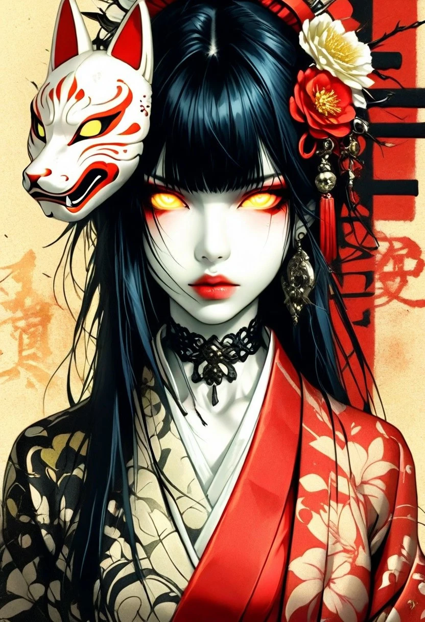 a fantasy character in a dramatic pose. The character is a woman with pale skin and long black hair, styled with bangs. She is wearing a vibrant red kimono with intricate patterns, and her lips are painted a striking red. She holds a fox mask partially covering her face, adding an air of mystery. Behind her, large fox tails are visible, suggesting a mythical or supernatural theme. The background is a misty, atmospheric setting with a traditional Japanese torii gate and a glowing lantern, enhancing the mystical ambiance.