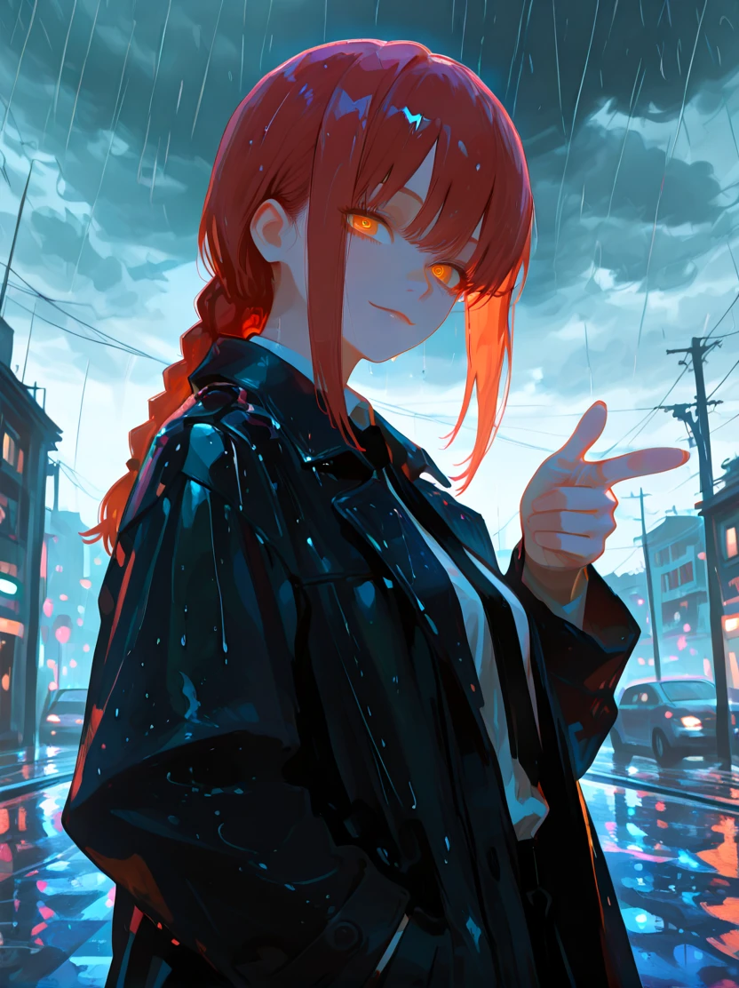 volumetric lighting, 1girl, upper body, makima \(chainsaw man\), red hair, braid, orange eyes, light smile, black trenchcoat, hand in pocket, contrapposto, (finger gun, pointing at viewer:1.3), desolate street, heavy rain, strong wind, overcast, from side, contrast, newest, detailed background, high resolution, amazing quality, best quality, good lighting, detailed eyes