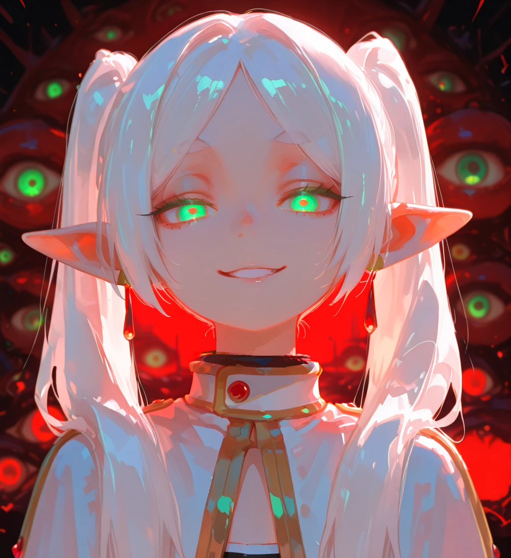 horror \(theme\), red theme, 1girl, frieren, jitome, glowing eyes, looking at viewer, smile, parted lips, white hair, long hair, twintails, green eyes, depth of field, upper body, too many eyes,
masterpiece, amazing quality, best quality, very aesthetic, newest, very awa, high resolution, amazing quality, best quality, good lighting, very aesthetic, complex background, detailed eyes, detailed