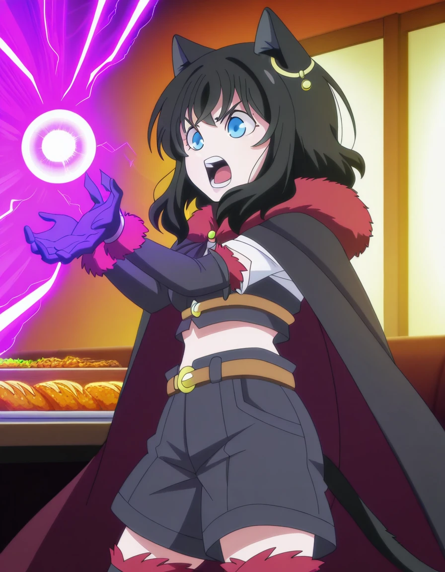 masterpiece, best quality, amazing quality,, <lora:tenken-fran-s1-illustriousxl-lora-nochekaiser:1>, fran, long hair, blue eyes, black hair, animal ears, tail, medium hair, cat ears, cat tail, cat girl, anime screencap, shirt, gloves, thighhighs, jewelry, shorts, black gloves, belt, black thighhighs, elbow gloves, midriff, cape, crop top, fur trim, black shorts, cloak, red cape, black cape, black cloak, <lora:kamehameha-illustriousxl-lora-nochekaiser:1>, kamehameha, kamehameha (dragon ball), open mouth, outstrecthed arms, torn clothes, shouting, energy, energy beam, energy ball, from side, electricity,, restaurant, laughter, good food, warm lighting, celebration, cowboy shot, solo, looking at viewer,
