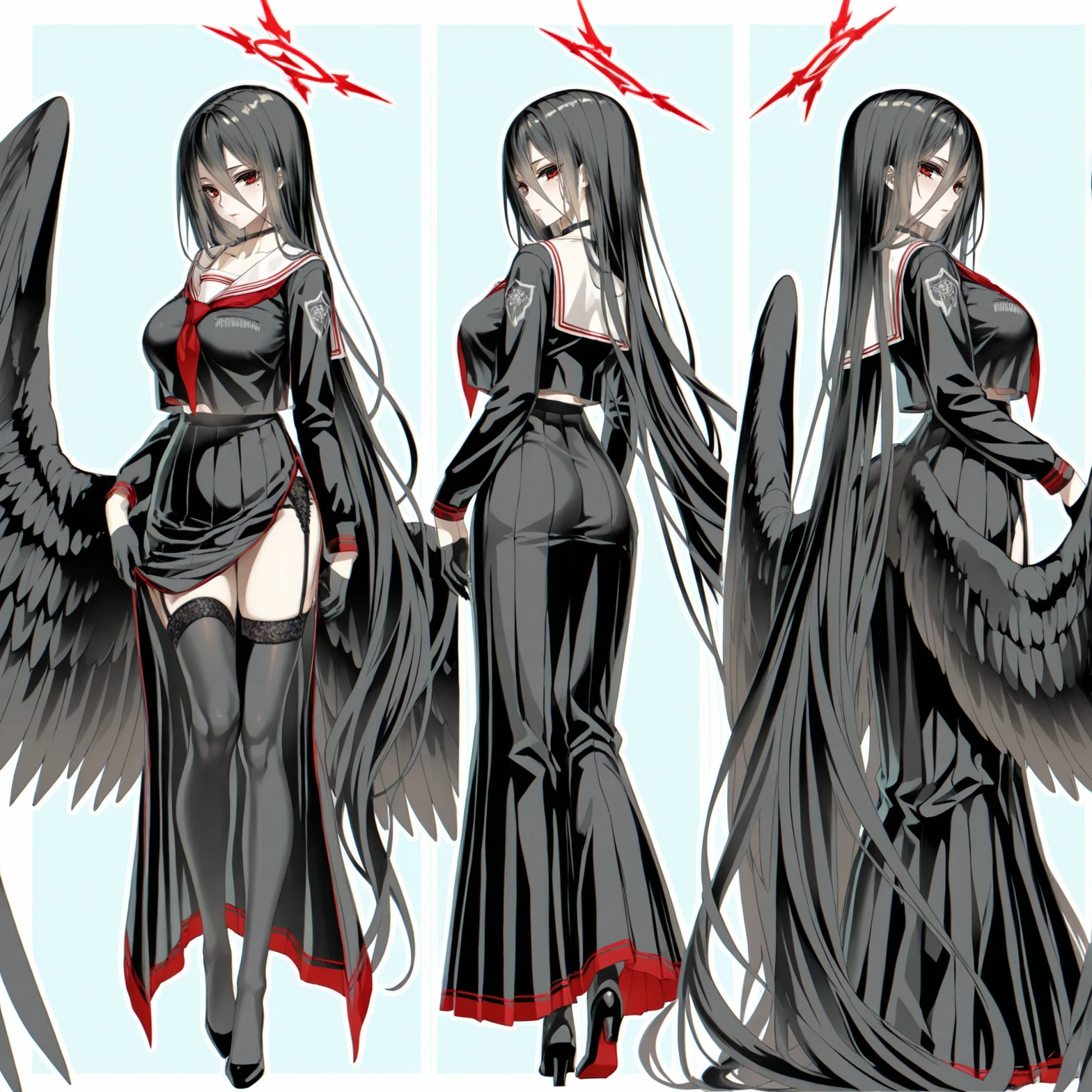 Original character reference sheet adult female in white and black dress. with blindfolds, adoptable dark fantasy style