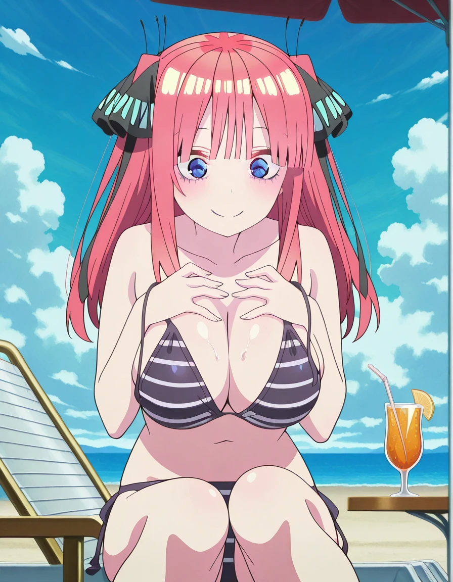 Highest quality, A very exquisite masterpiece, Anime art style, Cute Characters, nakano nino, Swimwear, Large Breasts, blush, Smiling and Gaze, High resolution, accurate, masterpiece, Highest quality, Large Breasts, 
