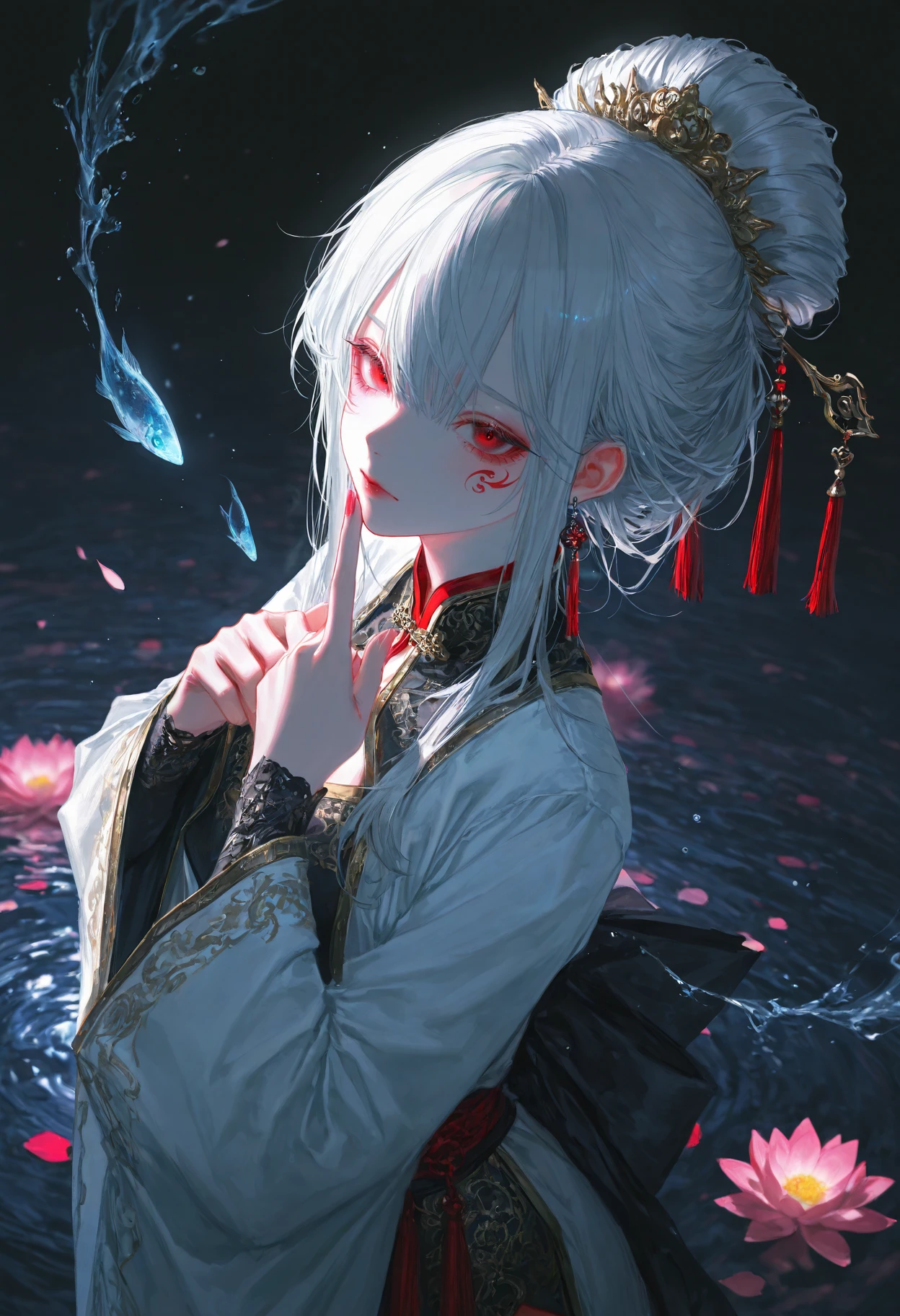 HDR,high contrast,sharp focus,8k resolution,digital art,anime style,vibrant colors,photorealistic,smooth gradients,fantasy art style,cinematic lighting,mystical aura,art nouveau inspired,(soft lighting:1.2),(lighting from above:1.2),(scenery),(detailed background design),Anime girl,1girl,solo (ethnicity:1.2),(detailed clothing:1.2),(accessories:1.1),(facial features:1.3),(expression:1.2),(body type:1.1),(pose:1.2),wearing ornate traditional Chinese attire,dark navy blue and crimson red,with intricate gold embroidery,(detailed hair:1.2),with silver-white hair styled in elaborate updo,(jewelry:1.1) adorned with jewels and gems,finger on lips in a contemplative pose,centered in the image,looking at viewer,seated,with serene expression,in front of a pond,a blooming lotus flower (detailed petals:1.1) in soft pastel pink and white,(water reflections:1.1),dark background with floating fish,(water surface:1.2),beautiful digital painting,fantasy style,vibrant colors,(lighting:1.2),soft lighting,photorealistic style,(atmospheric details:1.2),subtle smoke and mist,high detail,8k resolution.,
masterpiece,best quality,amazing quality,very awa,absurdres,newest,very aesthetic,depth of field,highres,
(artist:onineko:0.826446),artist:hito komoru,(artist:quasarcake:1.1),(artist:reoen:0.826446),artist:machi,(7769:1.21),(curvy), (artist:rolua:0.8), (artist:sheya:0.6), (artist:wlop:0.8),