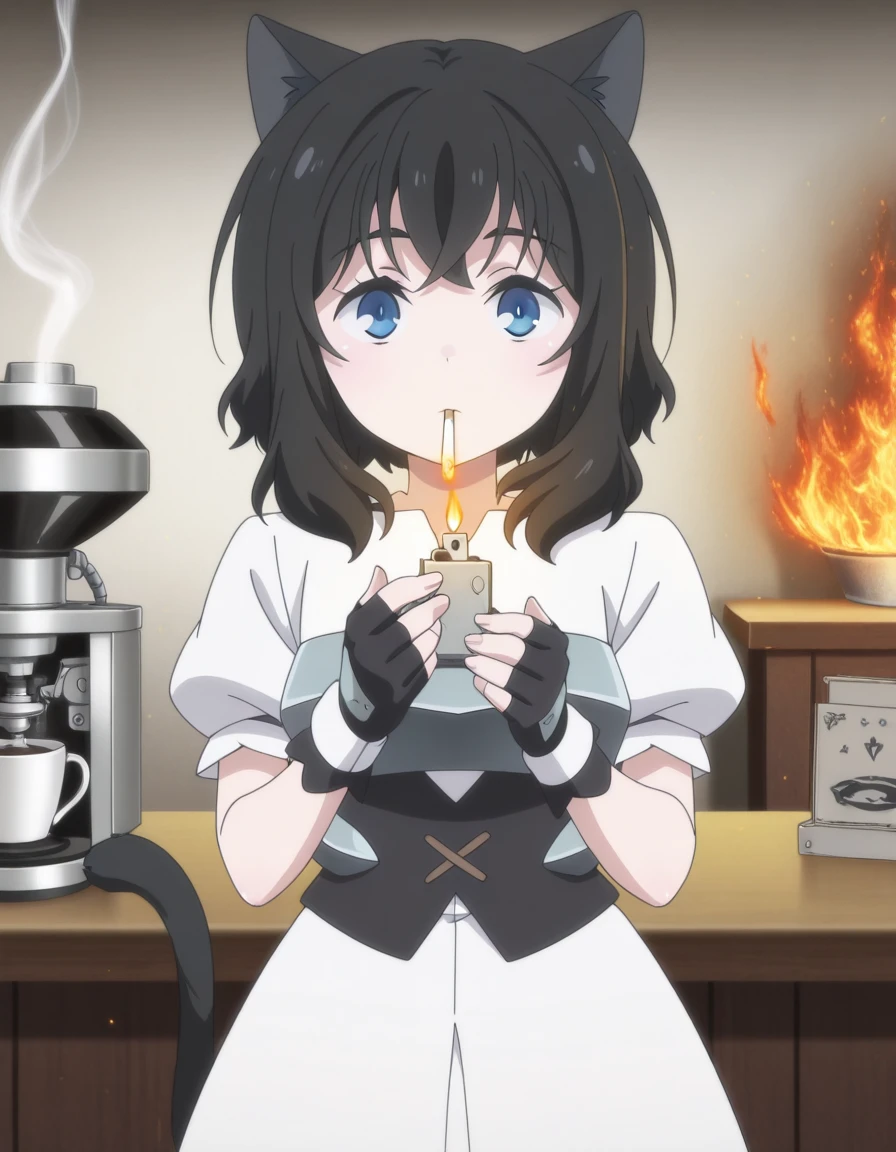 masterpiece, best quality, amazing quality,, <lora:tenken-fran-s1-illustriousxl-lora-nochekaiser:1>, fran, long hair, blue eyes, black hair, animal ears, tail, medium hair, cat ears, cat tail, cat girl, anime screencap, gloves, dress, short sleeves, black gloves, puffy sleeves, fingerless gloves, white dress, armor, puffy short sleeves,, <lora:lighting-cigarette-illustriousxl-lora-nochekaiser:1>, lighting cigarette, lighter, holding lighter, cigarette, smoking, fire, smoke, holding, upper body, straight-on,, staff room, table, chairs, coffee_machine, relaxation, cowboy shot, solo, looking at viewer,