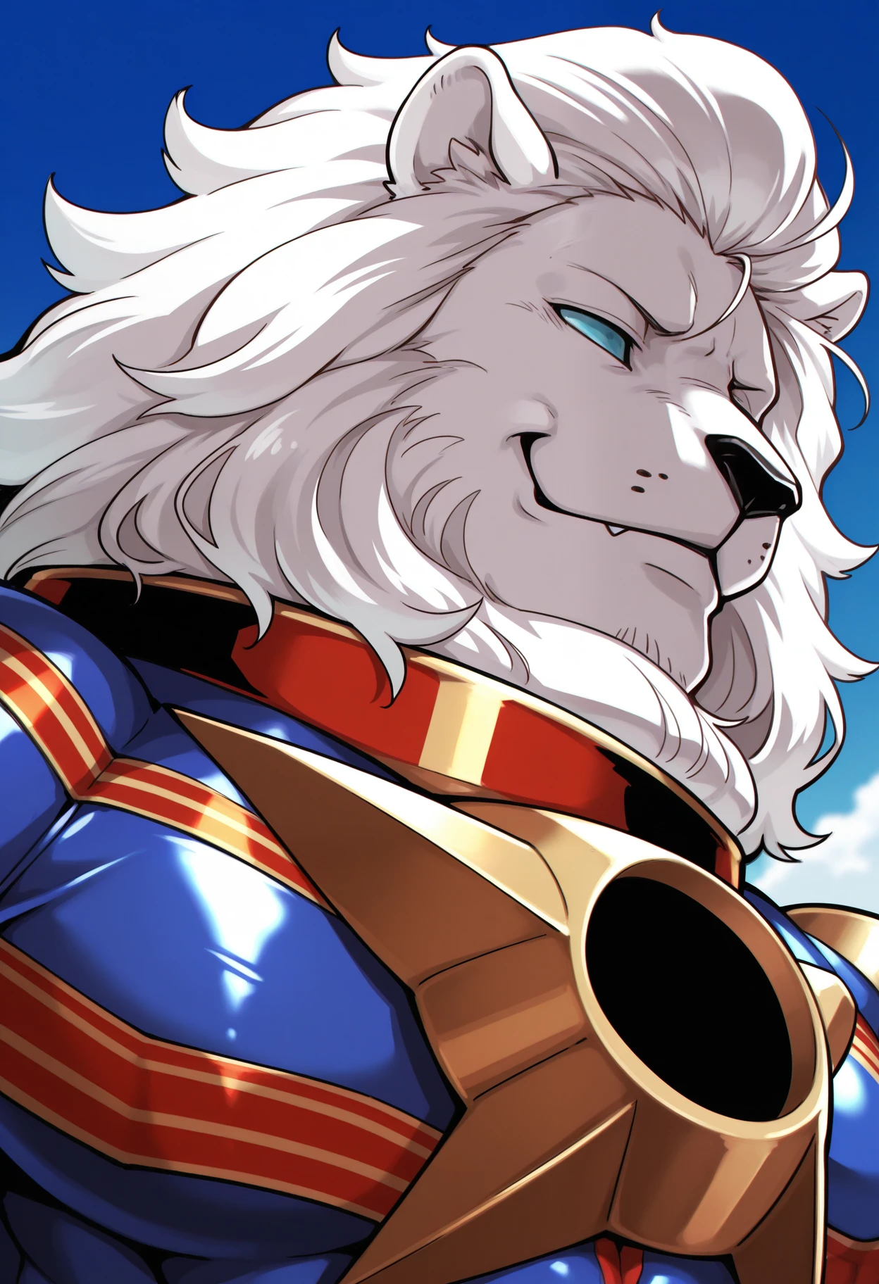 masterpiece,best quality,amazing quality, 1boy, solo, th0m4s, lion boy, colored sclera, no pupils, , close up, side angle, smirk, looking at viewer,