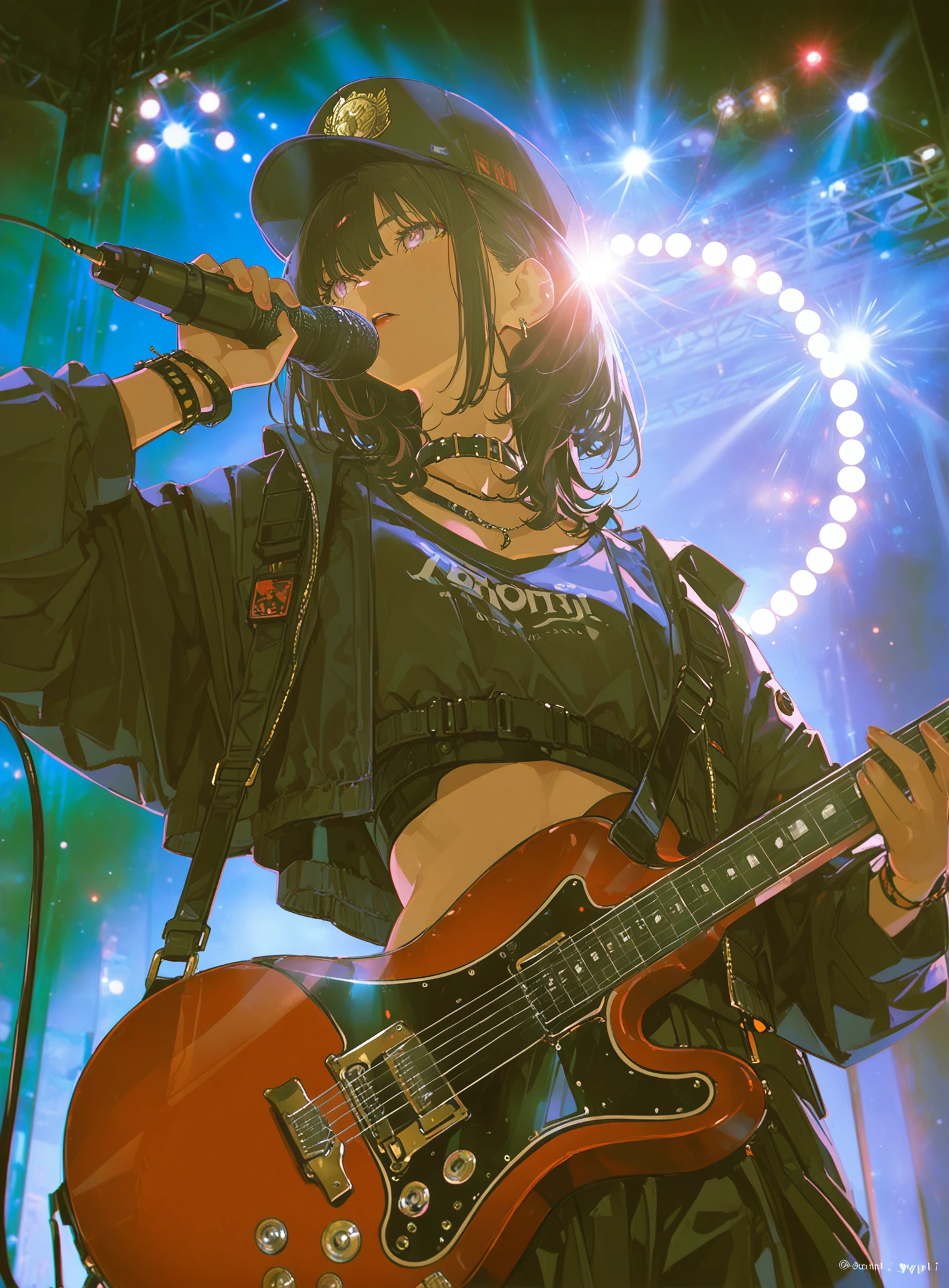 best quality,masterpiece,absurdres,newest, <lora:USNR_STYLE_ILL_Vpred-v1-000022:0.6>,
(japani style:1.3), (niji psyp style:0.95),(yoneyama mai:0.9),,(lifeline \(a384079959\):0.7),
dramatic angle,dynamic angle,dynamic pose, high-key lighting,volumetric lighting,light rays,soft lighting,
The image captures a young woman, presumably a musician, in an engaged moment of performance. She is the central figure, presented in a medium close-up shot, angled slightly to the viewer's left. Her head is tilted downwards, her gaze directed towards the instrument she is playing or slightly away from the microphone. Dark, wavy, shoulder-length hair frames her face, emerging from beneath a black, peaked military-style cap which features a gold-colored circular emblem, possibly a wreath or insignia, on its front. Her facial features are distinct, with a pale complexion providing a contrast to her dark hair and the vibrant red lipstick applied to her full lips. She appears to be singing or have just finished a vocal line, as her lips are slightly parted near a black, professional-grade microphone mounted on a stand positioned directly before her.
Her attire consists of a dark navy or black zip-up jacket, which is worn partially unzipped and draped off her left shoulder. This reveals a significant portion of her left arm and shoulder, as well as a white or light-colored V-neck top underneath. The open V-neck of the top and the way the jacket is worn expose a considerable area of her upper chest and cleavage. An in-ear monitor is visible in her left ear, indicative of a professional musical performance setting. Clipped to her jacket, near her left armpit, is a small, dark rectangular electronic device, likely a wireless transmitter pack for her instrument or microphone.
She is actively playing a reddish-brown electric bass guitar, identified by its four thick strings and the visible headstock with tuning pegs. Her right hand is captured fretting the strings on the neck of the guitar. A patterned guitar strap, predominantly green with intricate lighter-colored details, runs over her right shoulder and diagonally across her chest, supporting the instrument. The background of the photograph is softly blurred, creating a bokeh effect, which emphasizes the subject. This out-of-focus backdrop consists of diffuse shapes in pale pink and blue hues, with larger, bright circular forms in the upper left quadrant that suggest out-of-focus stage lights or other elements of a performance venue. The overall impression is one of concentration and artistic expression within a live music environment.