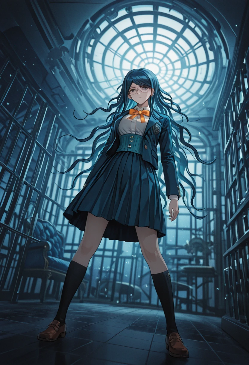 masterwork, masterpiece, best quality, detailed, depth of field, , high detail, best quality, very aesthetic, 8k, dynamic pose, depth of field, dynamic angle, adult, aged up, <lora:86nononostyle:1>,86_(nononononoway) , <lora:Tsumugi_Shirogane_Illustrious:0.1>,danganronpa_(series), danganronpa_v3:_killing_harmony, shirogane_tsumugi, 1girl,black_socks, blazer, blue_corset, blue_hair, blue_jacket, blue_skirt, bow, bowtie, breasts, brown_footwear, buttons, collared_shirt, corset, glasses, jacket, kneehighs, layered_sleeves, long_hair, long_sleeves, medium_breasts, medium_skirt, open_clothes, open_jacket, orange_bow, orange_bowtie, pleated_skirt, pocket, round_eyewear, shirt, shoes, sidelocks, skirt,socks, very_long_hair, wavy_hair, white_shirt, velvet room, blue interior, elegant furniture, prison bars, mysterious atmosphere, otherworldly space, liminal realm, metaphysical prison, supernatural sanctuary, dimensional pocket, mystical chamber, ethereal lighting, abstract space, psychological realm