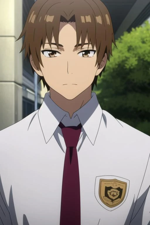 masterpiece, best quality, high quality, 1boy, solo, male focus, looking at viewer, upper body, <lora:matsuyuki_atsumu:0.74>, matsuyuki_atsumu, brown hair, brown eyes, white shirt, necktie, collared shirt, school uniform, <lora:animemix_v3_offset:0.50>