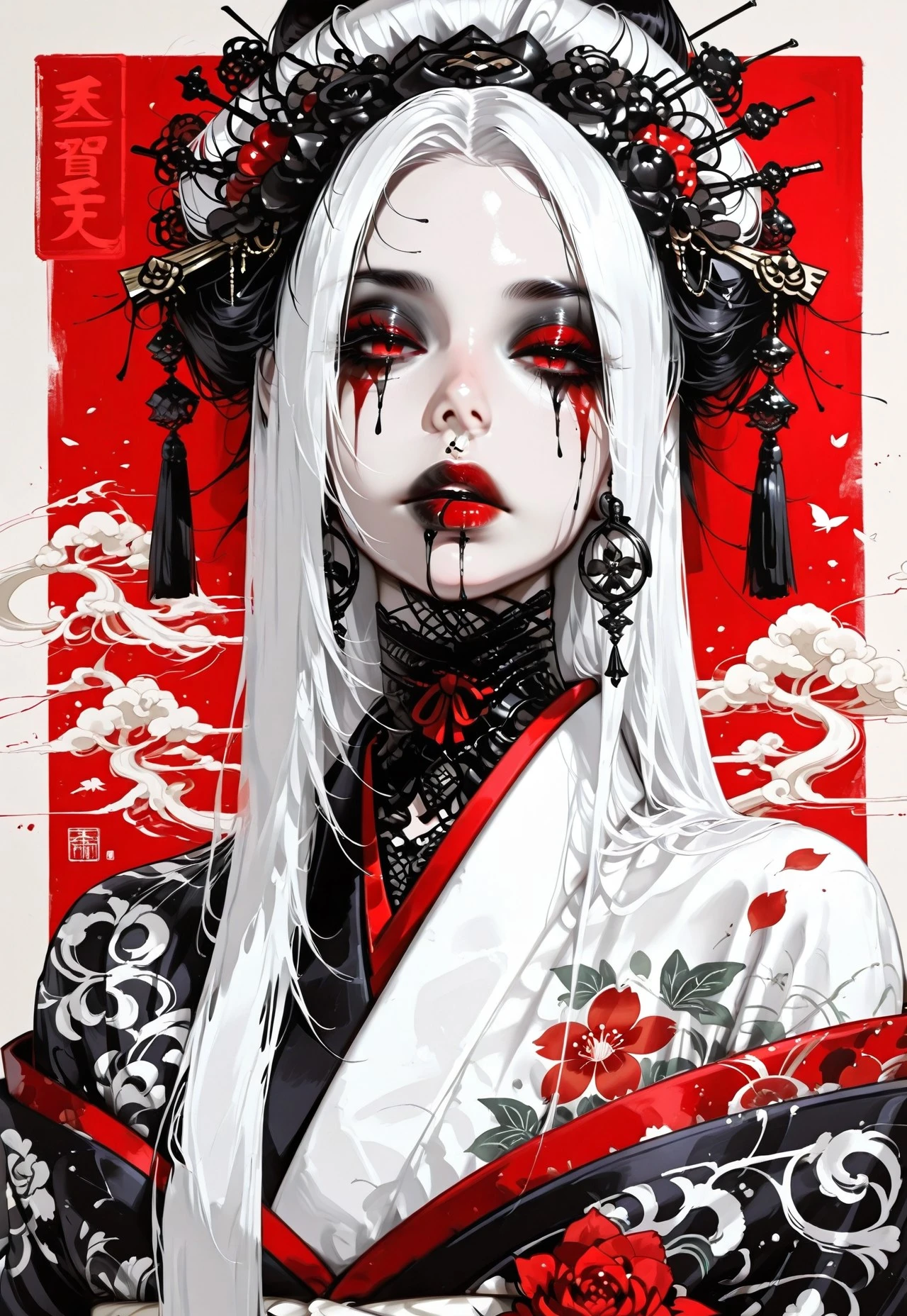 geisha, Japanese kimono, long white straight hair, goth, dark makeup, dynamic angle,