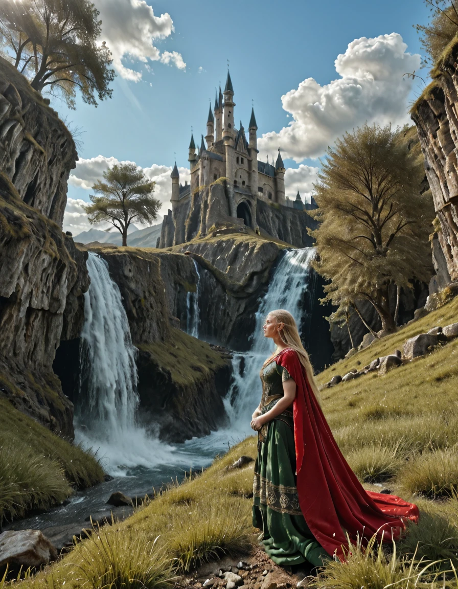 focus on a beautiful elf woman with blond hair and wearing a detailed celtic outfit and a red cape standing in the foreground, lots of wind, <lora:MW_Roma01ill:0.7> high grass, blue sky, clouds, trees, T10, landscape, near a waterfall, multi levels, castle, elevated ground parts,