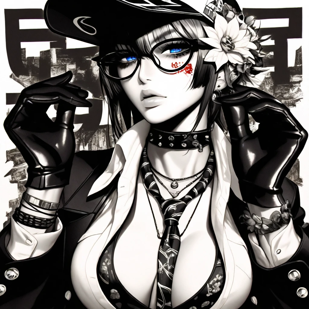 necktie, looking at viewer, gloves, glasses, hair flower, necklace, spot color, breasts, baseball cap, blue eyes