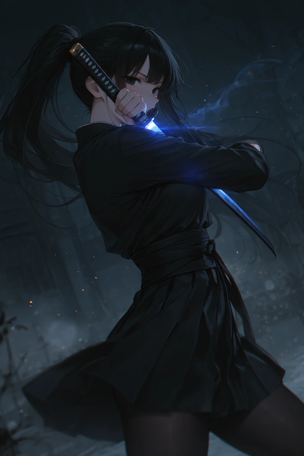 masterpiece, best quality, amazing quality, very aesthetic, absurdres, highres, newest, HDR, 8K, high detail, intricate detailed, detailed background,
1girl, black eyes, black hair, all back ponytail, long hair, black long sleeves, pantyhose, holding katana, upper body, fighting stance, dutch angle, pose, hazy air, dark theme, (chromatic aberration, polarized:1.2), vivid color light, blurry foreground, lighting, particles, cinematic composition, chromatic aberration,