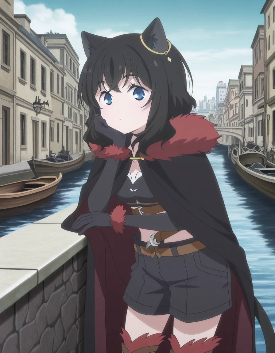 masterpiece, best quality, amazing quality,, <lora:tenken-fran-s1-illustriousxl-lora-nochekaiser:1>, fran, long hair, blue eyes, black hair, animal ears, tail, medium hair, cat ears, cat tail, cat girl, anime screencap, shirt, gloves, thighhighs, jewelry, shorts, black gloves, belt, black thighhighs, elbow gloves, midriff, cape, crop top, fur trim, black shorts, cloak, red cape, black cape, black cloak, head rest, canal, water, boats, city, narrow, cowboy shot, solo, looking at viewer,