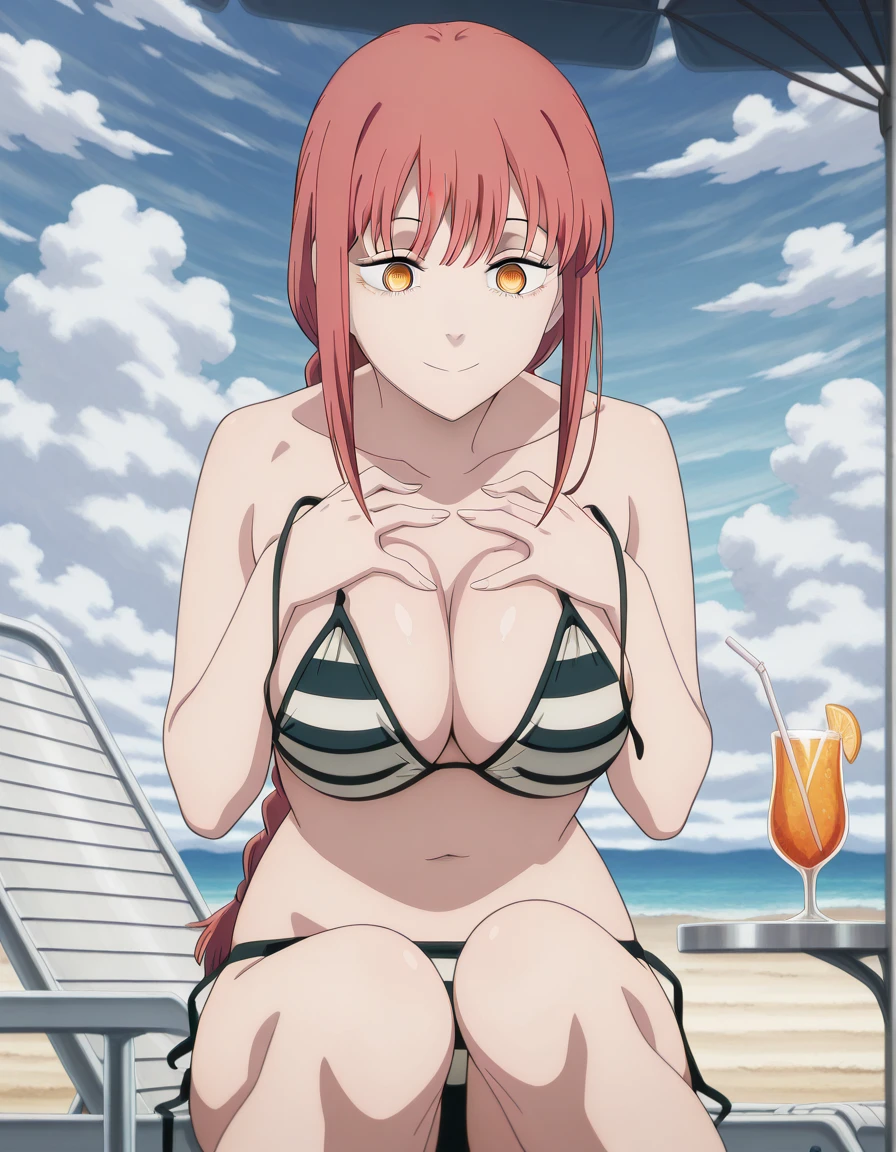 Makima \(chainsawman\), 1girl (masterpiece) (best quality)(shiny hair)(shiny skin)(shiny skin), 1 girl, solo, long hair, boob curtain, under boobs,very large breasts, upper body, (micro bikini), presenting armpit, bare shoulder, collar bone, mole, arm up, beach, selfie, red hair