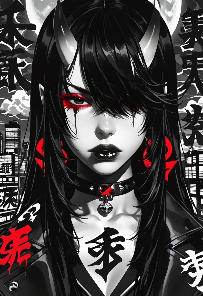papercut style,monochrome style,high contrast,urban demon,red accents,kanji background,graphic poster,streetwear demon,graffiti kanji,black and white shading,neo-japanese,cyber oni,street samurai,vampire girl,aesthetic street demon,dripping paint,sharp shadows,anime-style, masterpiece, high detail, 1girl, gothic woman character, powerful stance, long black hair, sidelocks, hair over one eye, black eyes, smoky eyeshadow, black lips, dark makeup, black choker, wearing a structured, dark trench coat. She stands on a rooftop, silhouetted against a full moon partially hidden by (dramatic, swirling storm clouds:1.5). Bolts of distant lightning subtly illuminate the edges of the clouds. The moonlight struggles to break through, creating high contrast. Urban cityscape in the background. (upper body shot:1.2), moody atmosphere, striking visual, commercial art, dynamic sky.