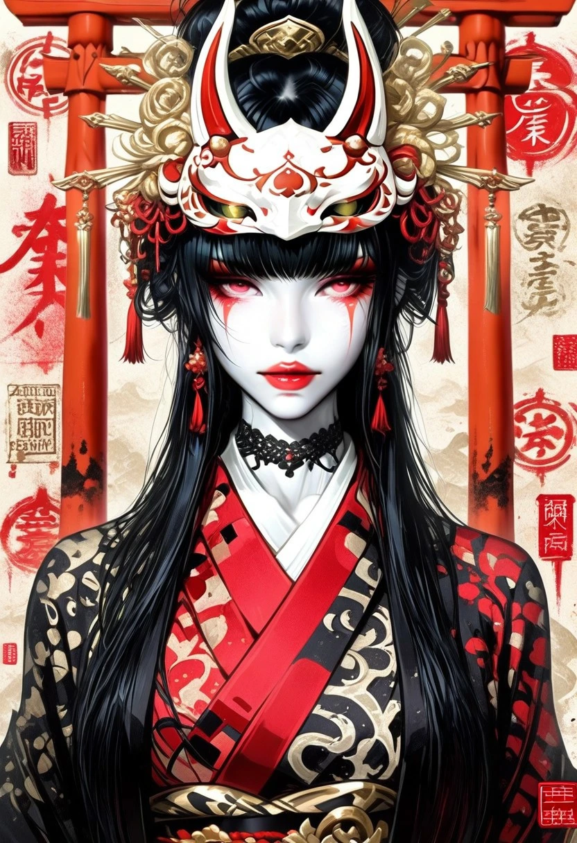 a fantasy character in a dramatic pose. The character is a woman with pale skin and long black hair, styled with bangs. She is wearing a vibrant red kimono with intricate patterns, and her lips are painted a striking red. She holds a fox mask partially covering her face, adding an air of mystery. Behind her, large fox tails are visible, suggesting a mythical or supernatural theme. The background is a misty, atmospheric setting with a traditional Japanese torii gate and a glowing lantern, enhancing the mystical ambiance.