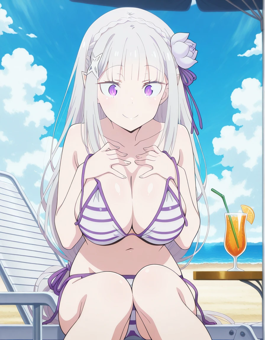 Kuesu Jinguji_multimerge,1girl, silver_hair, purple_eyes, big_breast, perfect_hands, White_bikini, full_body, beach_background