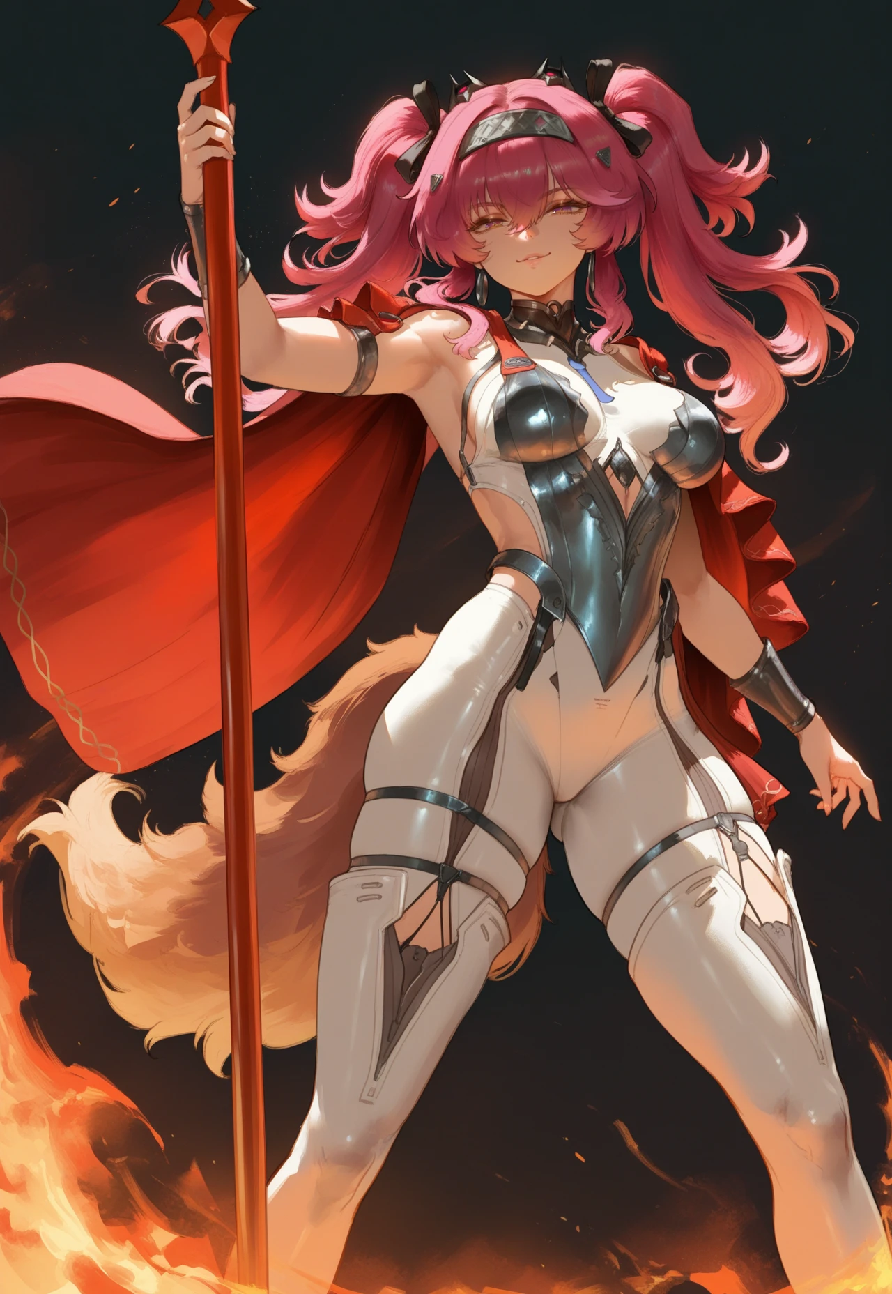 artist:nyantcha:0.6, artist:sho \(sho lwlw\):0.5, artist:ebora, artist:tianliang duohe fangdongye:0.5, artist:cutesexyrobutts:0.65, graphite \(medium\),
fire wolf, volumetric illumination, dynamic composition,
1girl, mature female, curvy, lupa \(wuthering waves\), hair between eyes, open eyes, looking at viewer, closed mouth, smile, parted lips, medium breasts, tail, bare shoulders, red cape, sidelocks, hair ribbon, hair ornament, bodysuit, thigh boots, standing, legs apart, fighting stance:0.25, holding polearm, black background,
very awa, masterpiece, best quality, very aesthetic, absurdres, 4k, stylized, newest, digital art, cinematic look, <lora:lupa-wuthering_waves:0.9>