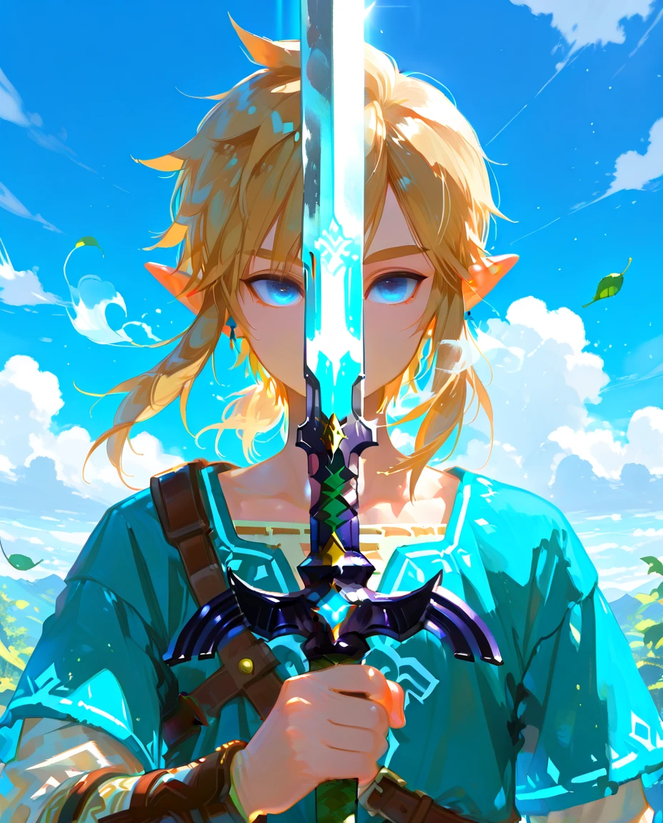 1boy, solo, <lora:swordsalute-pose-richy-v1_ixl:1>swordup, holding sword, Link from breath of the wild, master sword, blue eyes, blue sky, clouds, day, leaf, floating hair, air, newest, highres, absurdres, masterpiece, amazing quality, best quality, very aesthetic, newest, very awa, high resolution, amazing quality, best quality, good lighting, very aesthetic, complex background, detailed eyes, detailed
