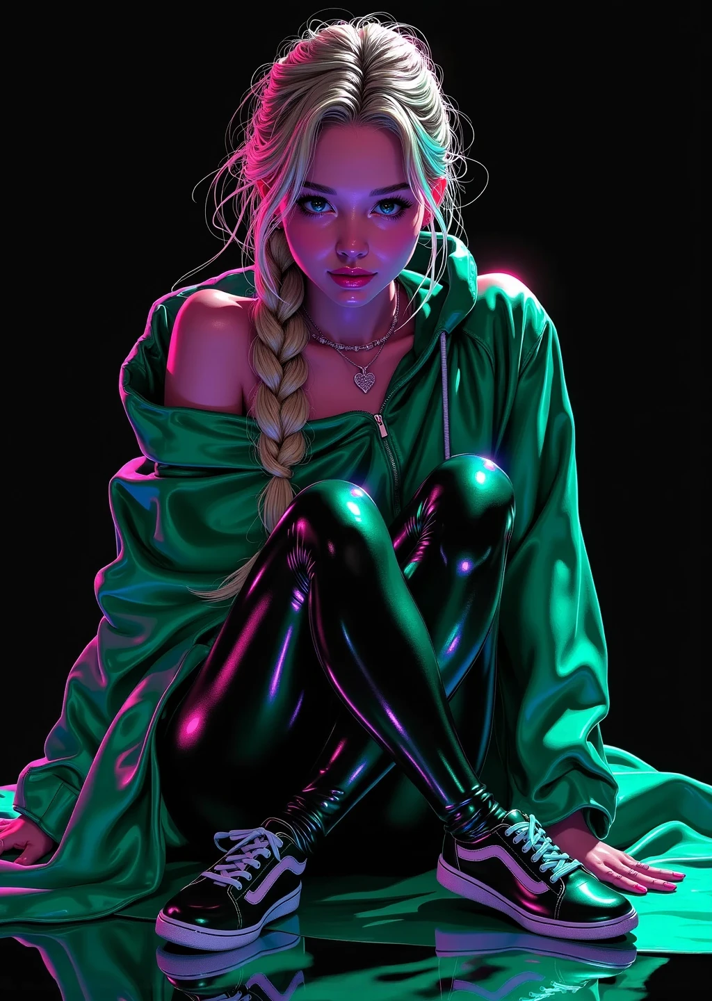fluxlisimo_drawio,manga anime style, full body 18yo blonde smiling braided woman wearing tight leather leggings and a wide hoodie, in a dark cyberbunk scenery, neon green lights, spotlightm black background, cute, lots of makeup. The image looks surreal, looks overpainted with highglossy lacquer, 8k, reflections, comic look