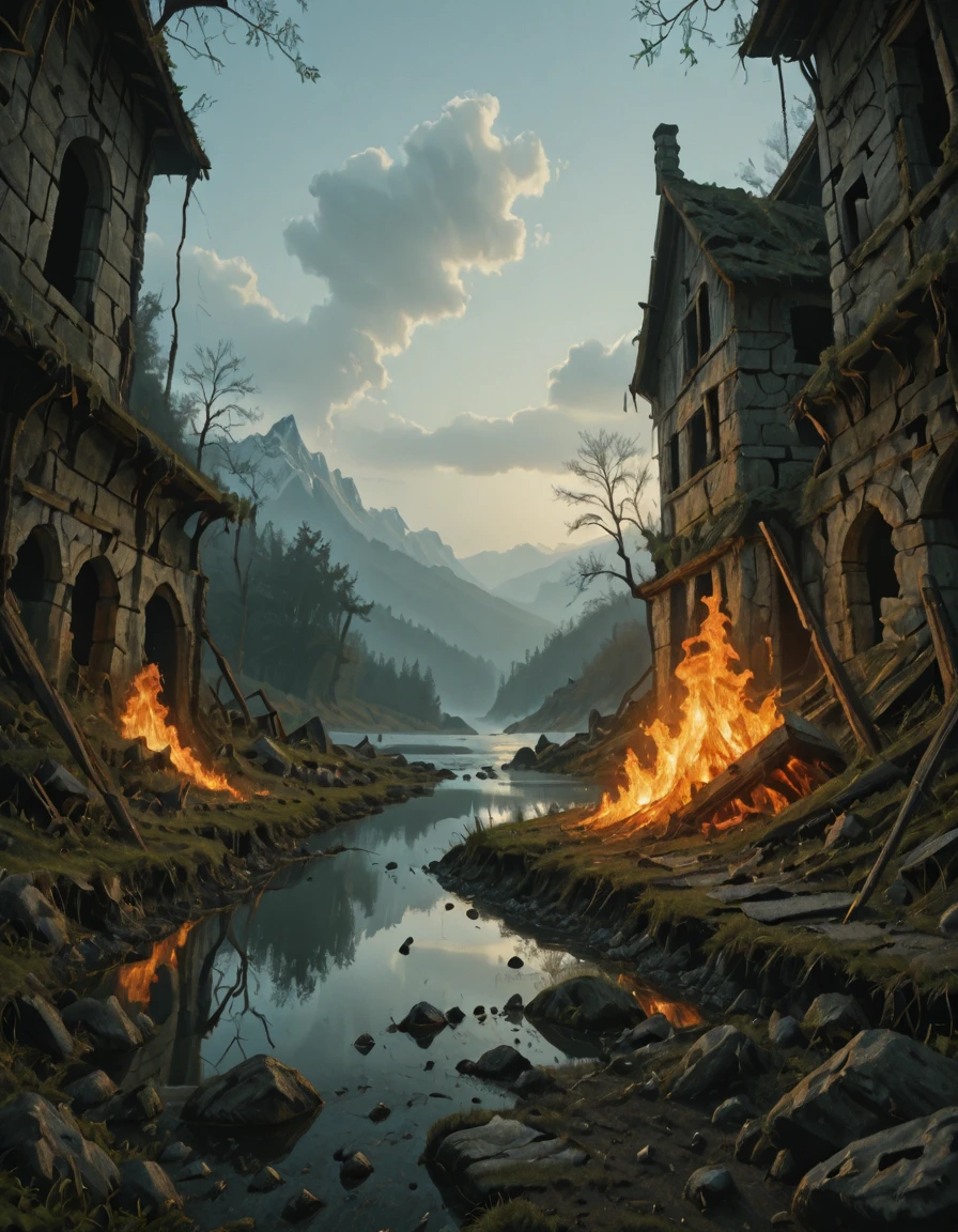 <lora:MW_Roma01ill:1> calm lake, stream, global illumination, from low angle view, GA001, claws, shadows, breaking in, medieval house ruins, occult medieval ceremony, scattered little rocks, mountains, EFFD02, epic scale scenery, fire veins