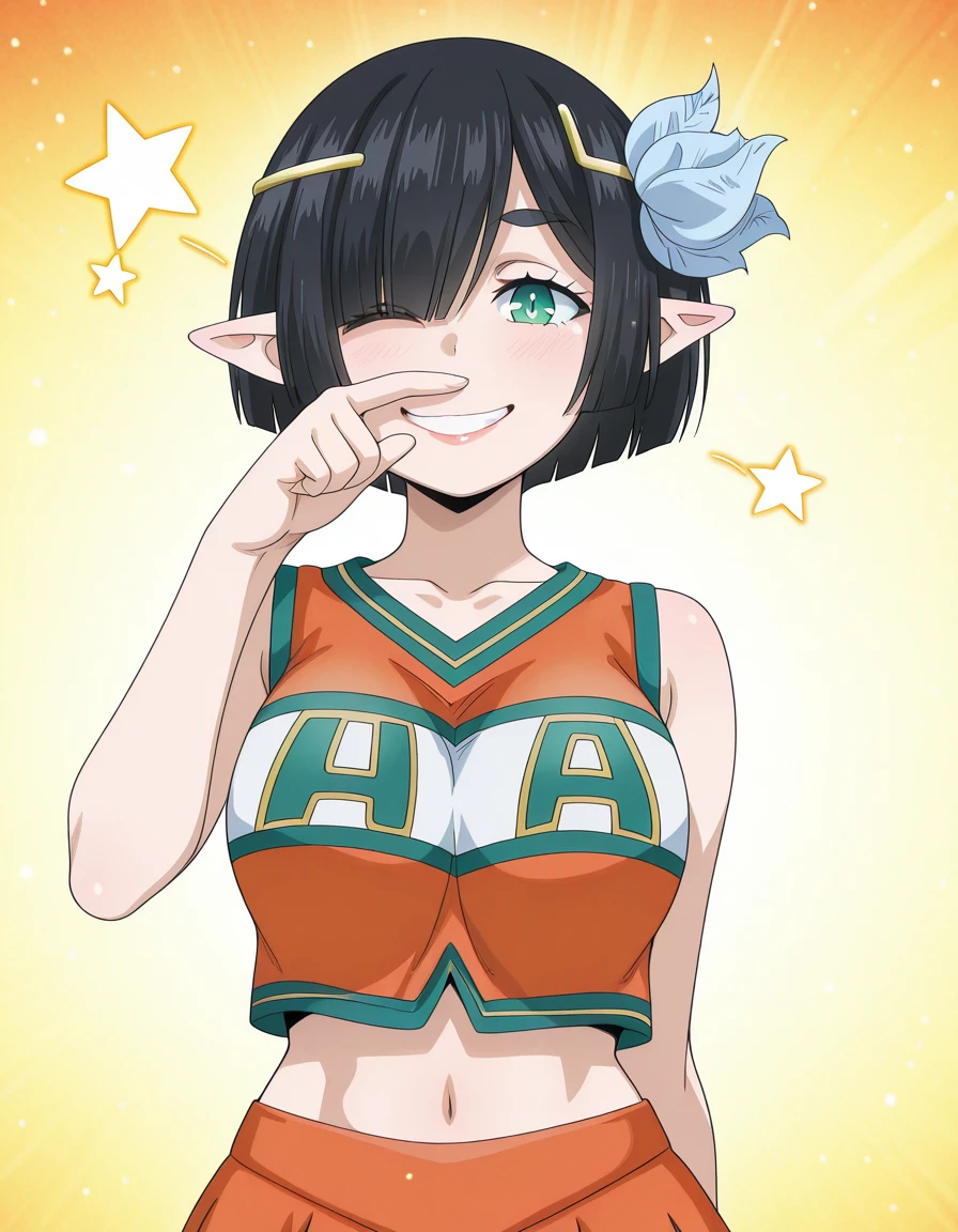 masterpiece, best quality, amazing quality,, <lora:tenken-amanda-s1-illustriousxl-lora-nochekaiser:1>, amanda, short hair, black hair, hair ornament, green eyes, pointy ears, elf, one eye covered, mature female, breasts, anime screencap, <lora:ua-cheerleader-uniform-illustriousxl-lora-nochekaiser:1>, ua cheerleader uniform, u.a. cheerleader uniform, cheerleader, orange skirt, orange shirt, navel, sleeveless, midriff, collarbone,, <lora:rubbing-nose-illustriousxl-lora-nochekaiser:1>, rubbing nose, looking at viewer, smile, one eye closed, hand up, teeth, star (symbol),, ,