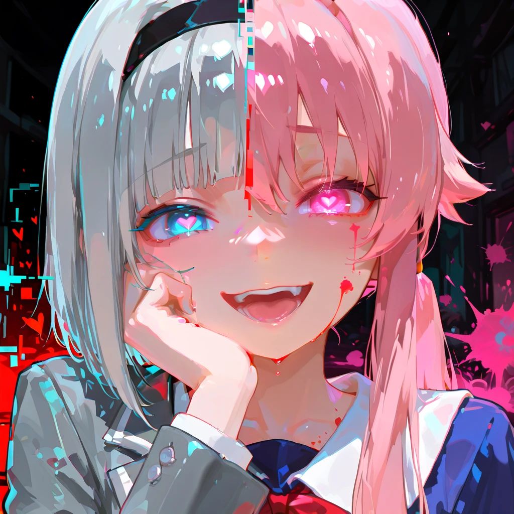 split theme:1.8, red theme:1.6, 2girls, anna nishikinomiya, grey hair, blue eyes, heart-shaped pupils, crazy smile, open mouth, hand on own cheek, blunt bangs, short hair, black headband, school uniform, grey jacket, open jacket, collared shirt, red tie, glitch, BREAK split theme:1.8, gasai yuno, very long hair, twintails, pink hair, pink eyes, crazy expression, blood splatter,blue shirt, red bow, dual persona, glowing, glowing eyes, evil smile, open mouth, hand on own cheek, hand on own face, looking at viewer, portrait, yandere trance:1.5, pink theme:1.6, newest, very awa, high resolution, amazing quality, best quality, good lighting, very aesthetic, complex background, detailed eyes, detailed