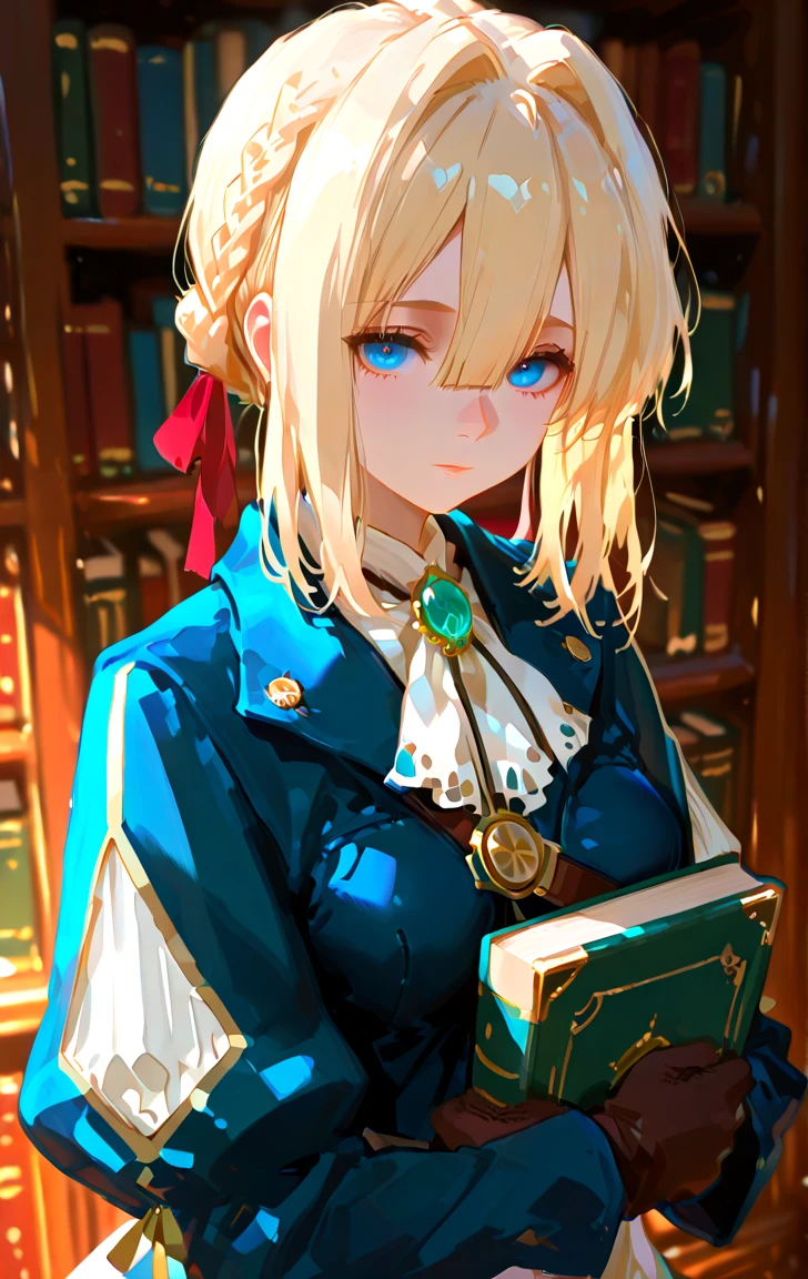 1girl, solo, looking at viewer, long hair, bangs, blue eyes, blonde hair, gloves, long sleeves, ribbon, holding, hair between eyes, jewelry, closed mouth, jacket, hair ribbon, braid, indoors, red ribbon, book, ascot, hair intakes, blue jacket, brooch, holding book, bookshelf, white ascot, violet evergarden, newest, high resolution, amazing quality, best quality, good lighting, detailed eyes, very aesthetic, very awa, detailed