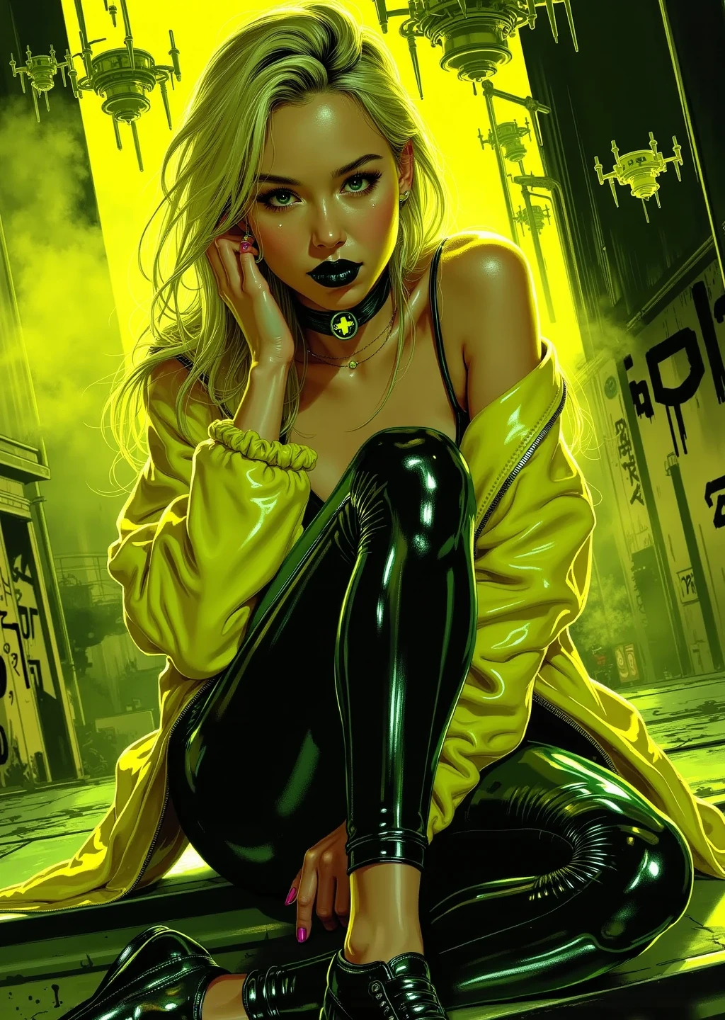 fluxlisimo_drawio,Hyper-detailed,ultra-glossy sitting portrait of a dangerously playful blonde woman perched on a neon-lit metal structure,bathed in acid-yellow and deep-black graffiti lights,illustrated in Stuart Immonen's sleek comic style. Her confident smirk is highlighted by ultra-glossy black lipstick,neon-yellow eyeshadow,and bold,thick mascara. She wears skin-tight,liquid-black latex leggings,shimmering under pulsating yellow lights,and pairs them with a cropped,high-gloss acid-yellow leather jacket. A black leather choker with a glowing yellow gemstone adds an extra touch of cyberpunk elegance. The air is thick with fog,reflecting the yellow neon glow,while cybernetic drones hover in the distance,adding a futuristic edge to the scene.